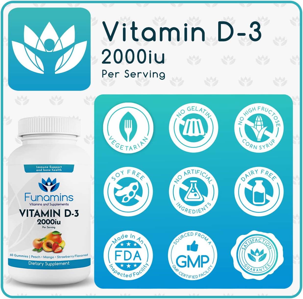 Vitamin D3 Gummies 2000iu, 60 Count for Immune & Bone Health, Peach, Mango, Strawberry Flavors, Kids & Adults