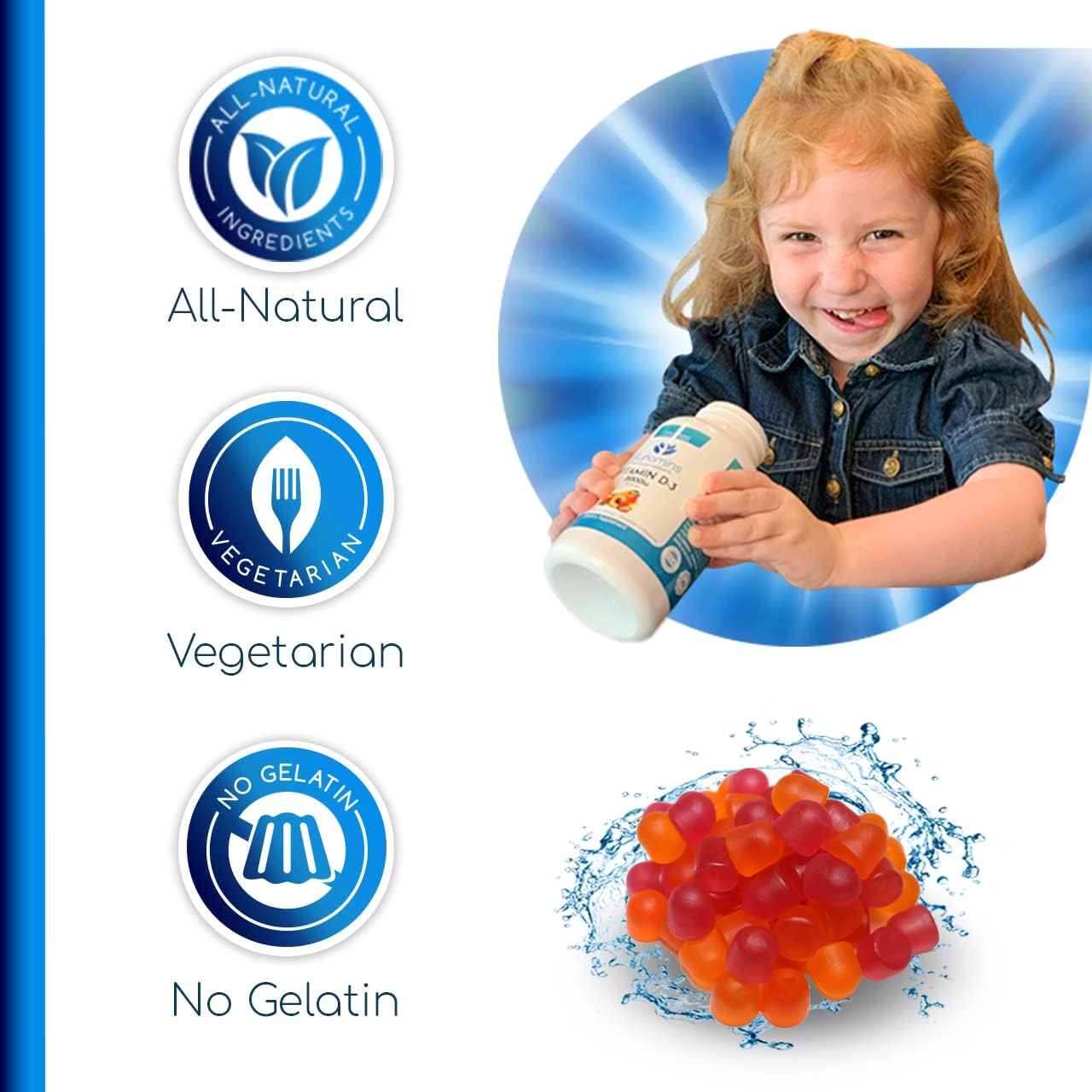 Vitamin D3 Gummies 2000iu, 60 Count for Immune & Bone Health, Peach, Mango, Strawberry Flavors, Kids & Adults