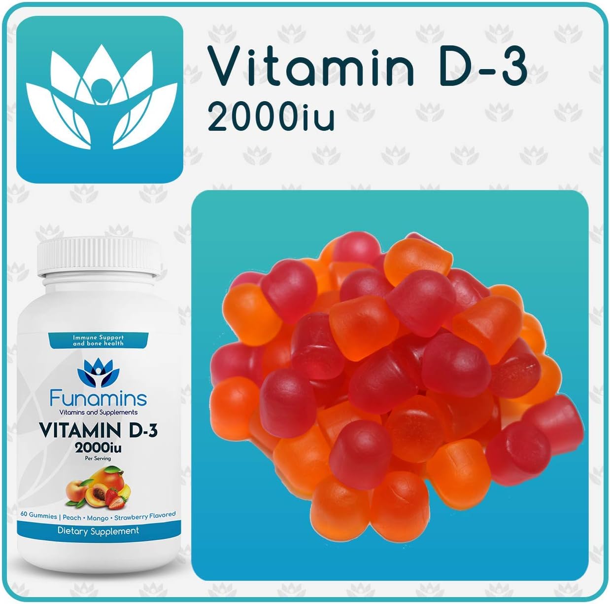 Vitamin D3 Gummies 2000iu, 60 Count for Immune & Bone Health, Peach, Mango, Strawberry Flavors, Kids & Adults