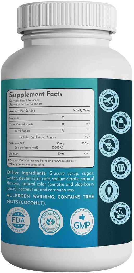 Vitamin D3 Gummies 2000iu, 60 Count for Immune & Bone Health, Peach, Mango, Strawberry Flavors, Kids & Adults