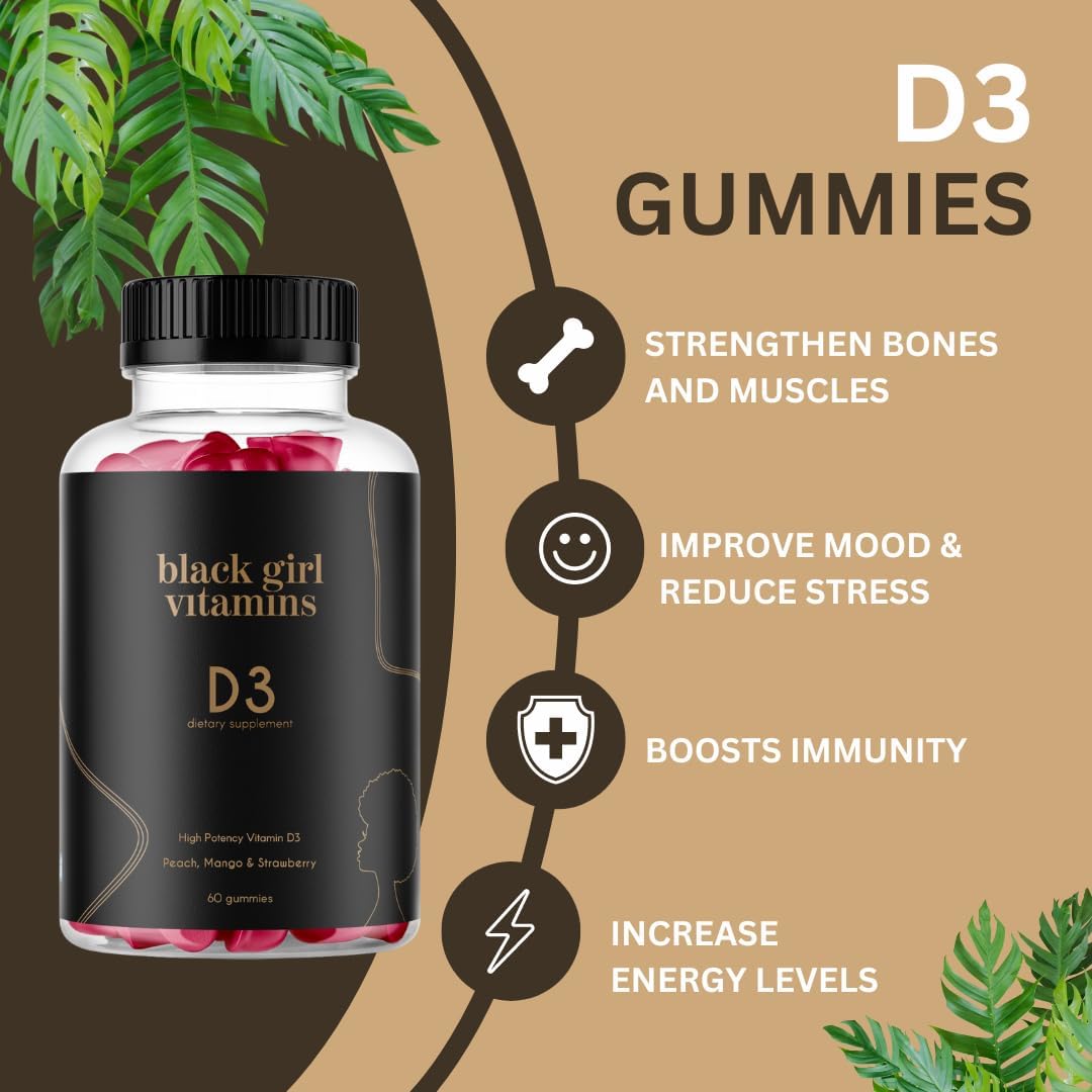 Vitamin D3 Gummies for Black Girls - Immune, Energy, and Bone Support, 2000IU per Serving, Gluten-Free, 60ct