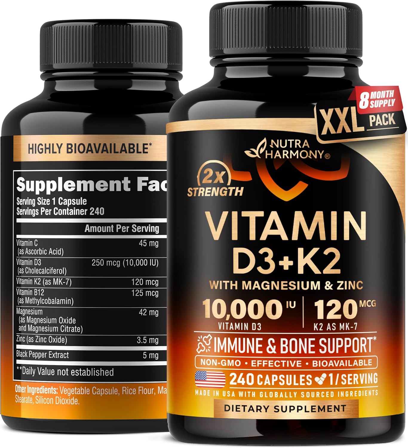 Vitamin D3 K2 10000 IU & MK-7 120 mcg Capsules with Magnesium, Zinc, Vitamin C & B12 - Immune & Mood Support for Bone & Teeth Health - Highly Bioavailable - Made in USA - 240 Count