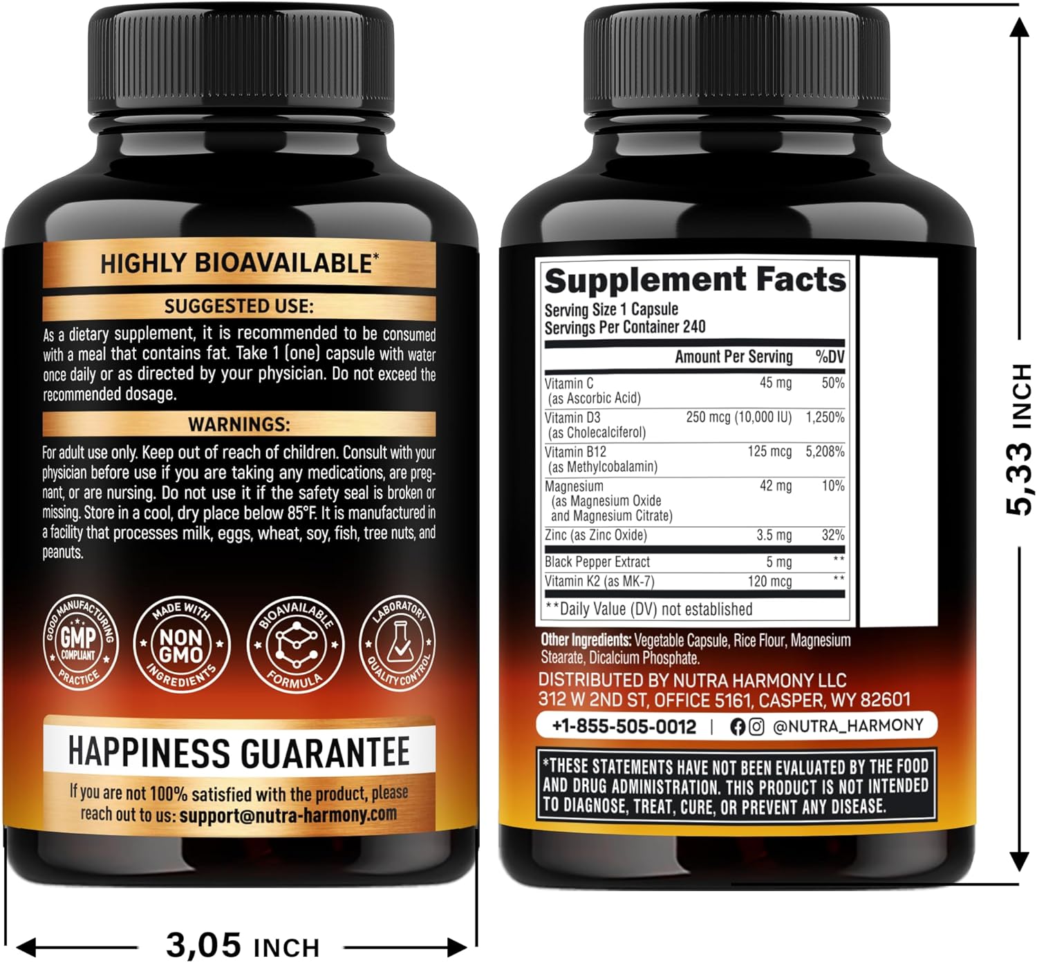 Vitamin D3 K2 10000 IU & MK-7 120 mcg Capsules with Magnesium, Zinc, Vitamin C & B12 - Immune & Mood Support for Bone & Teeth Health - Highly Bioavailable - Made in USA - 240 Count