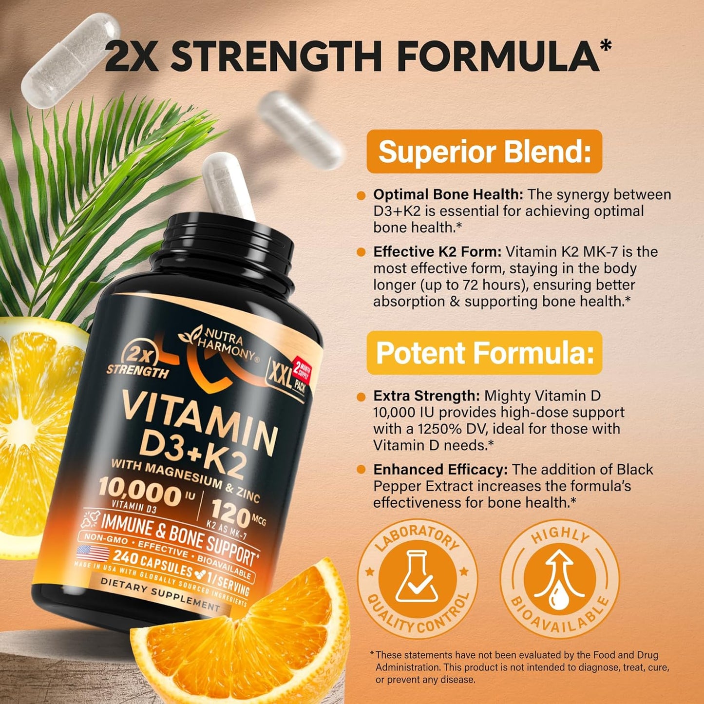 Vitamin D3 K2 10000 IU & MK-7 120 mcg Capsules with Magnesium, Zinc, Vitamin C & B12 - Immune & Mood Support for Bone & Teeth Health - Highly Bioavailable - Made in USA - 240 Count