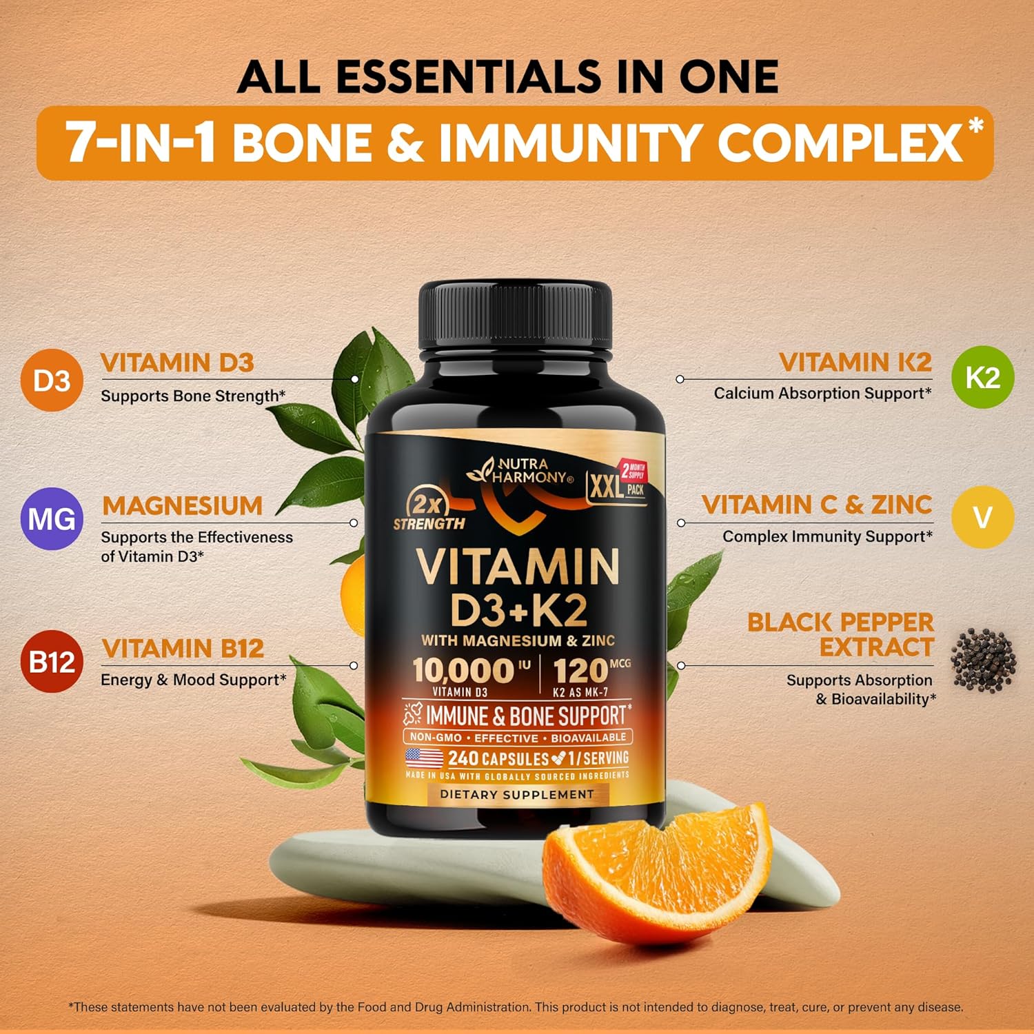 Vitamin D3 K2 10000 IU & MK-7 120 mcg Capsules with Magnesium, Zinc, Vitamin C & B12 - Immune & Mood Support for Bone & Teeth Health - Highly Bioavailable - Made in USA - 240 Count