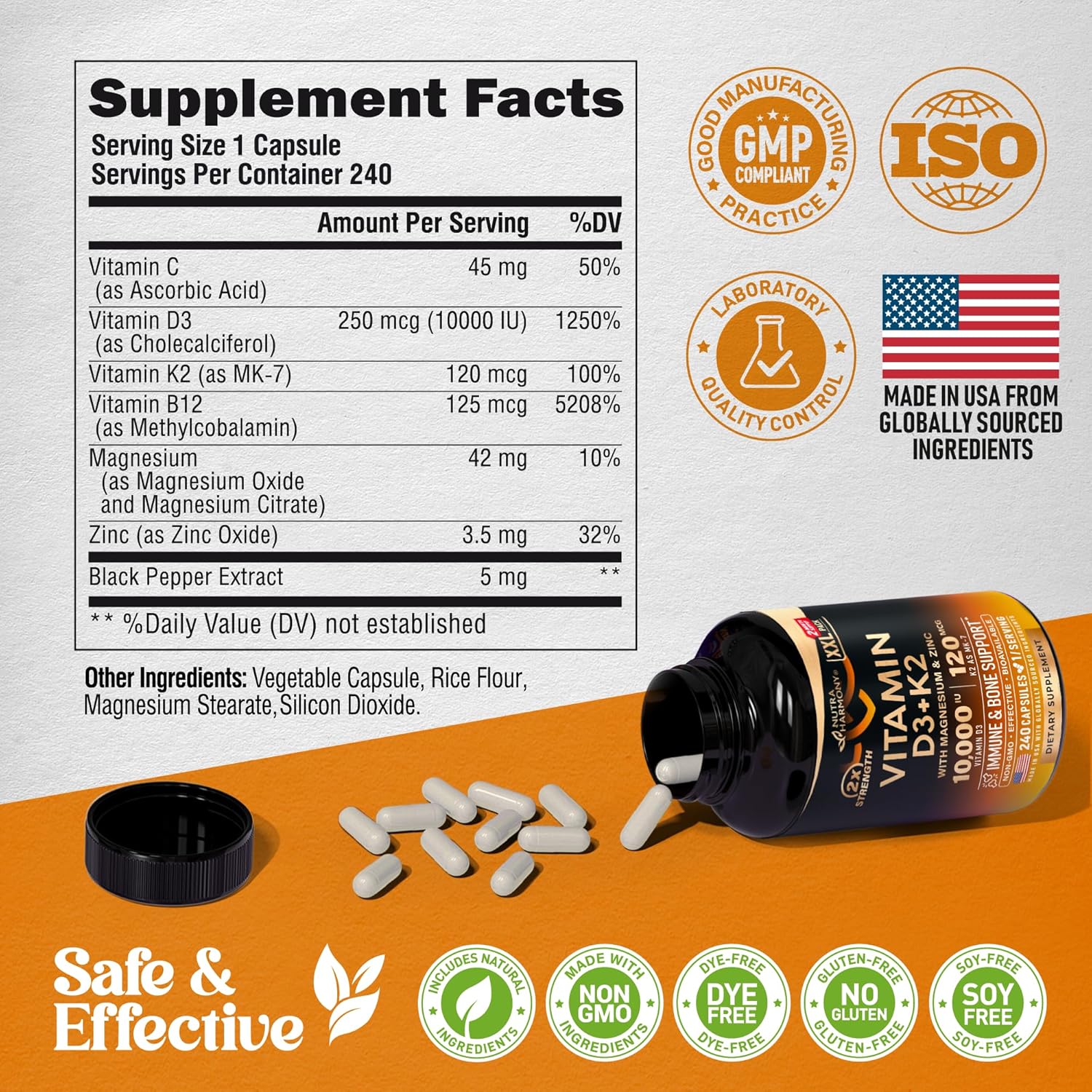 Vitamin D3 K2 10000 IU & MK-7 120 mcg Capsules with Magnesium, Zinc, Vitamin C & B12 - Immune & Mood Support for Bone & Teeth Health - Highly Bioavailable - Made in USA - 240 Count