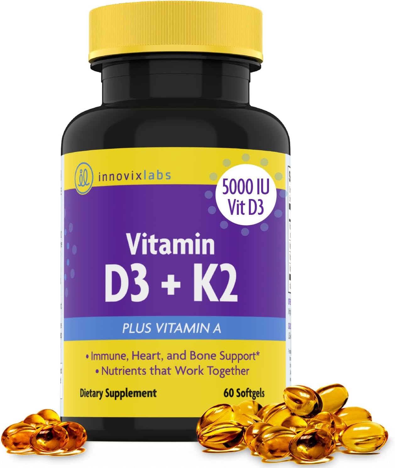 Vitamin D3 K2-5000 IU with Vitamin K2 MK4 and MK7 for Bone, Immune, and Heart Health - 60 Softgels, Gluten Free, 3rd Party Tested