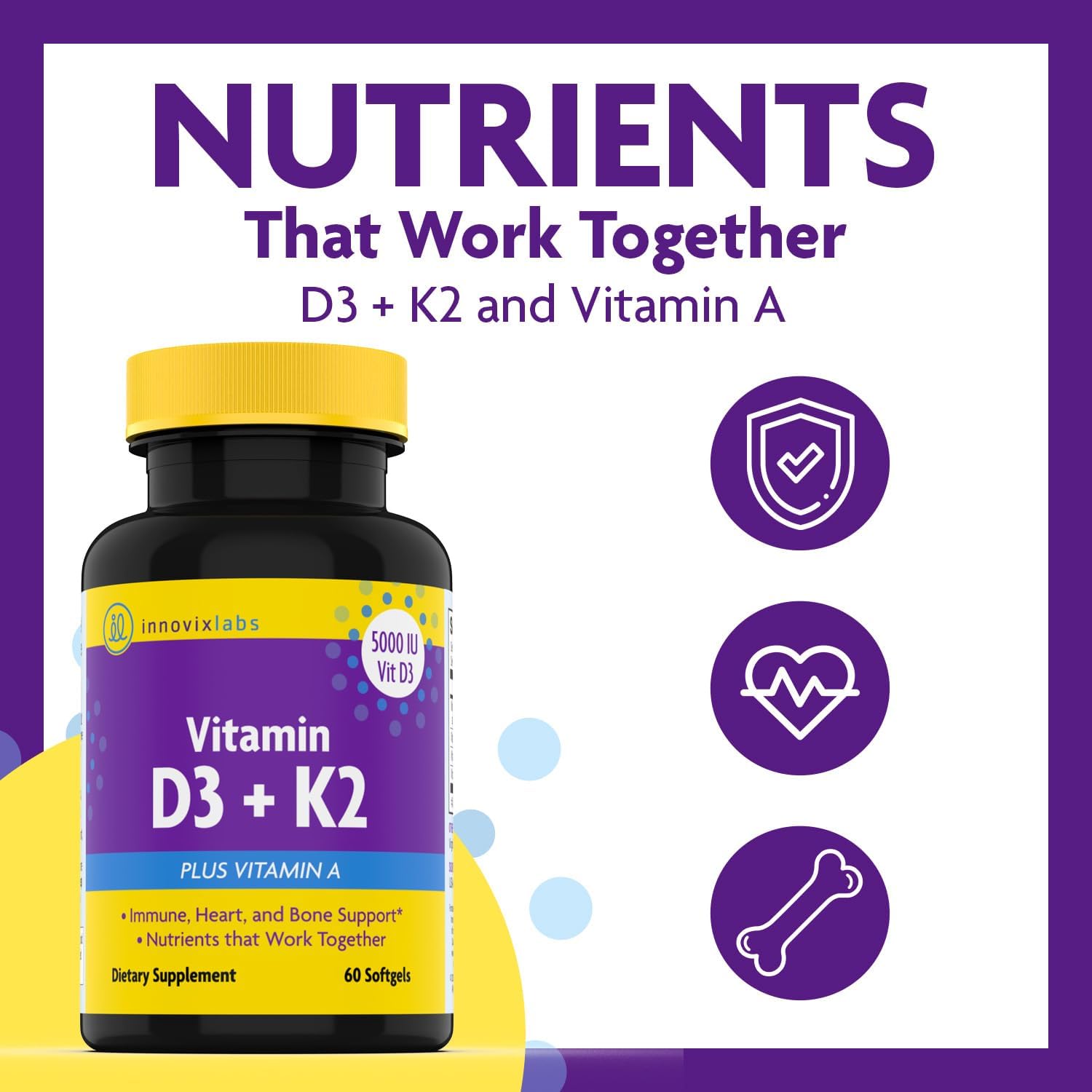 Vitamin D3 K2-5000 IU with Vitamin K2 MK4 and MK7 for Bone, Immune, and Heart Health - 60 Softgels, Gluten Free, 3rd Party Tested