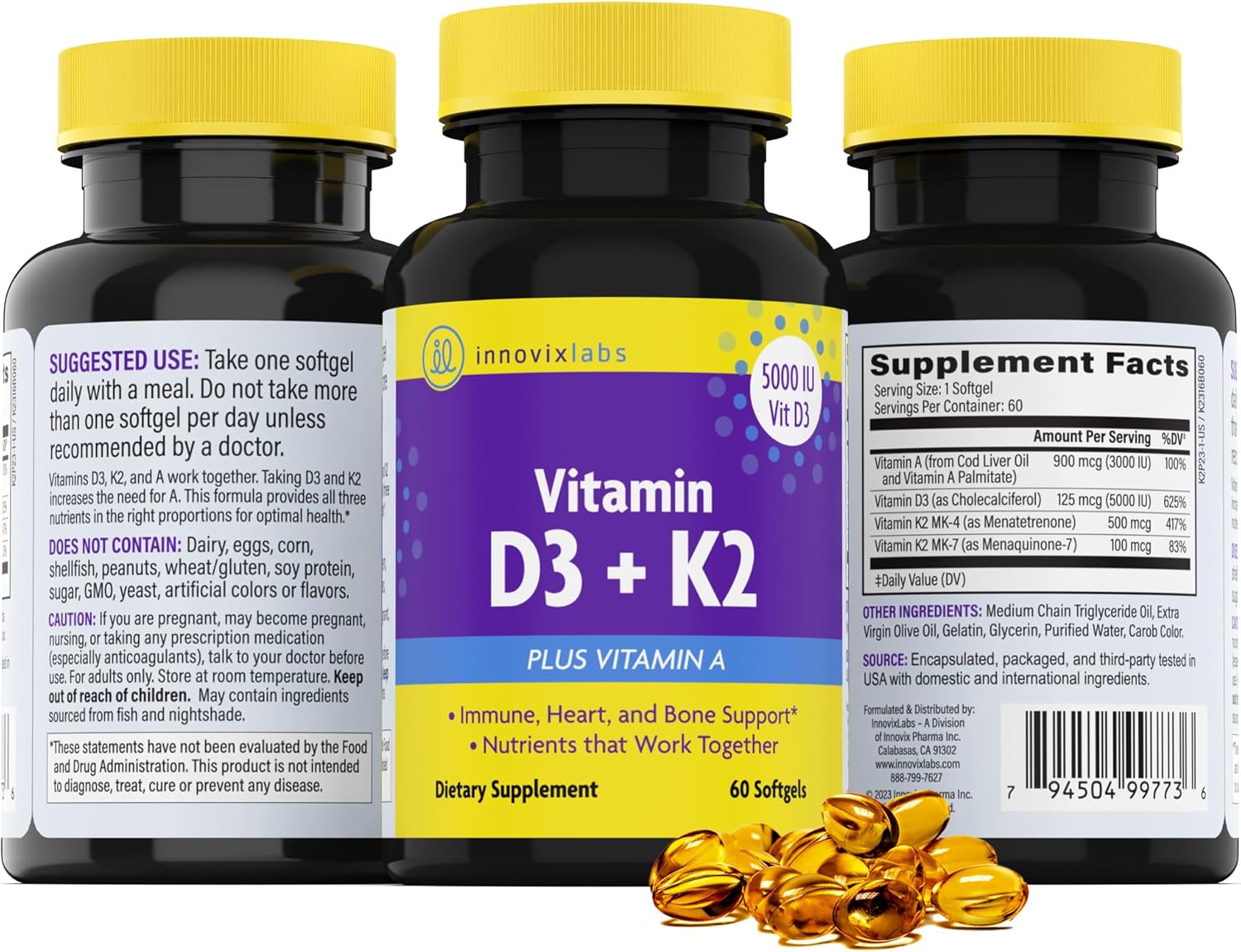 Vitamin D3 K2-5000 IU with Vitamin K2 MK4 and MK7 for Bone, Immune, and Heart Health - 60 Softgels, Gluten Free, 3rd Party Tested