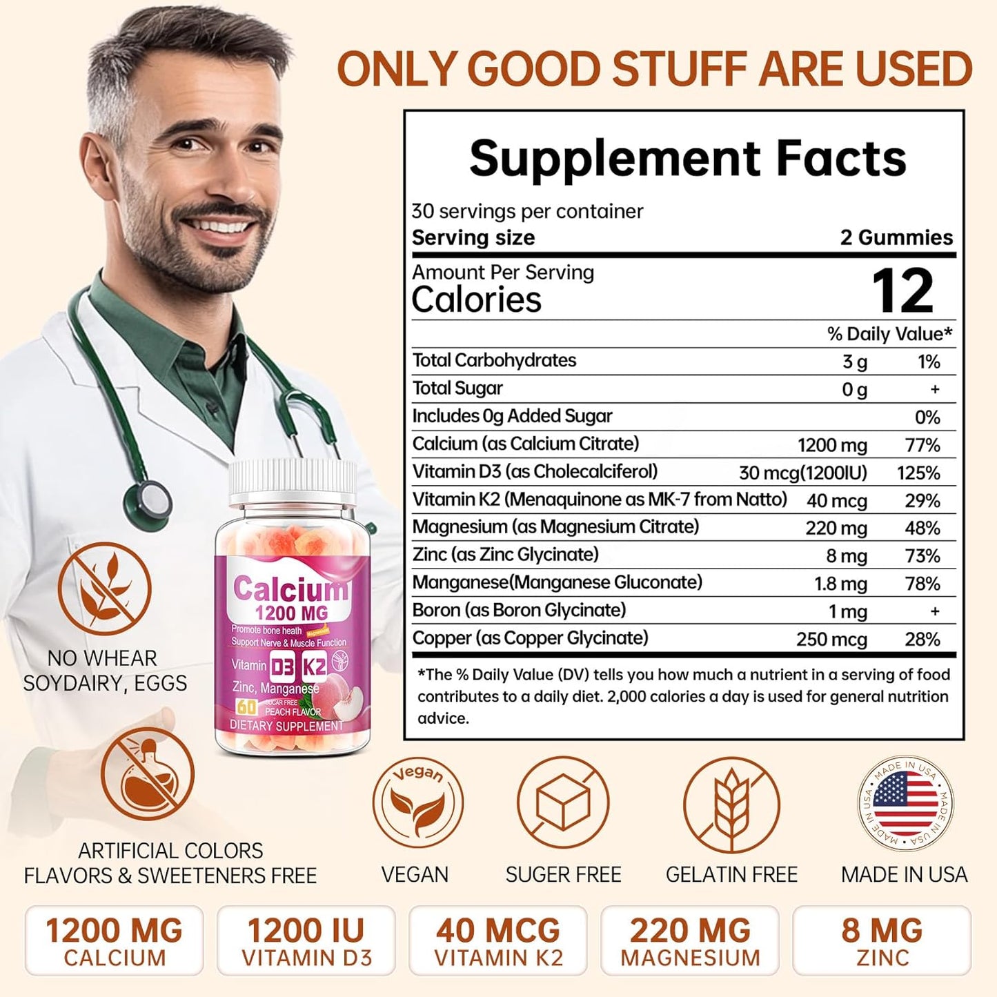 Vitamin D3 K2 Calcium Citrate Gummies with Zinc, Magnesium, Boron, and Copper for Bone and Immune Support - Sugar-Free Chewable Supplement