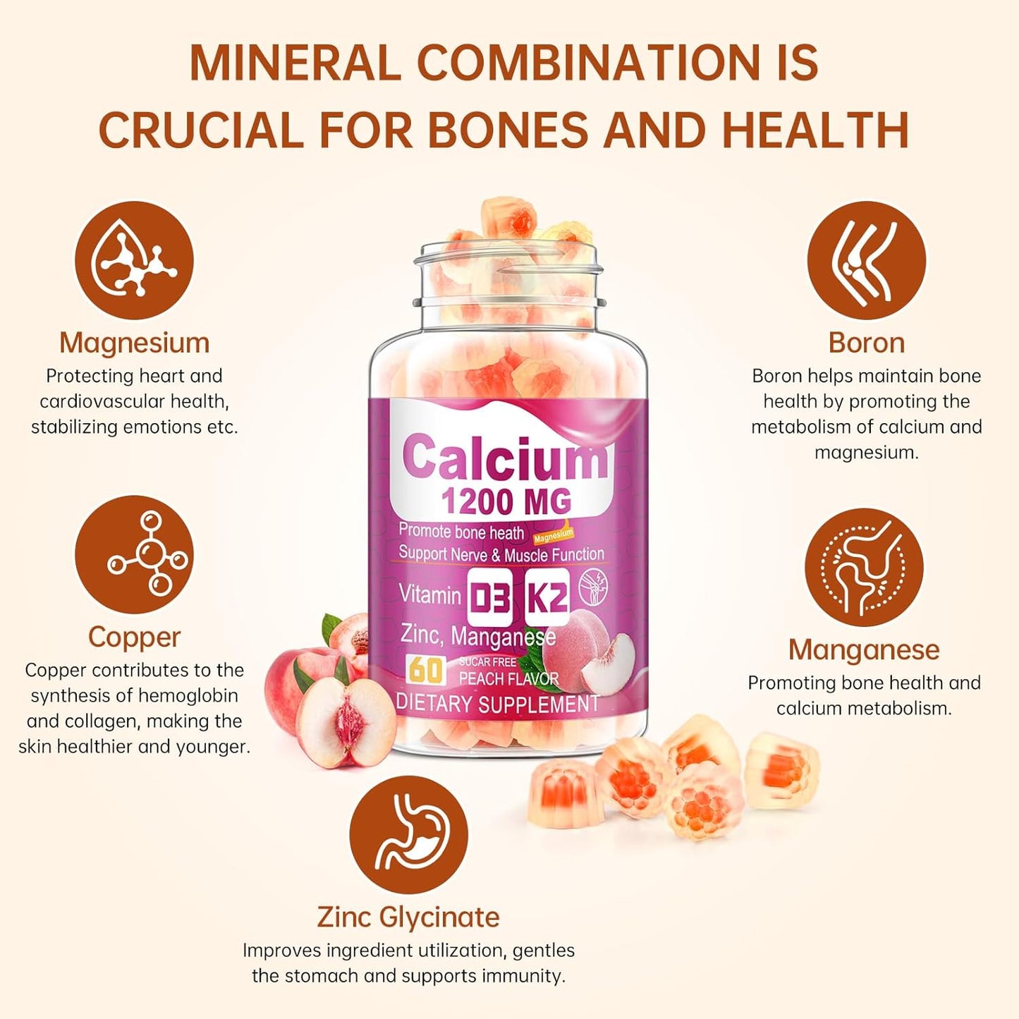 Vitamin D3 K2 Calcium Citrate Gummies with Zinc, Magnesium, Boron, and Copper for Bone and Immune Support - Sugar-Free Chewable Supplement
