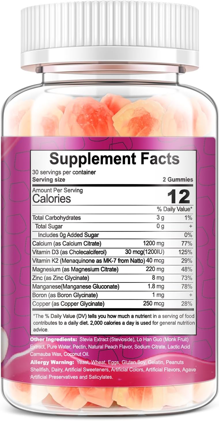 Vitamin D3 K2 Calcium Citrate Gummies with Zinc, Magnesium, Boron, and Copper for Bone and Immune Support - Sugar-Free Chewable Supplement
