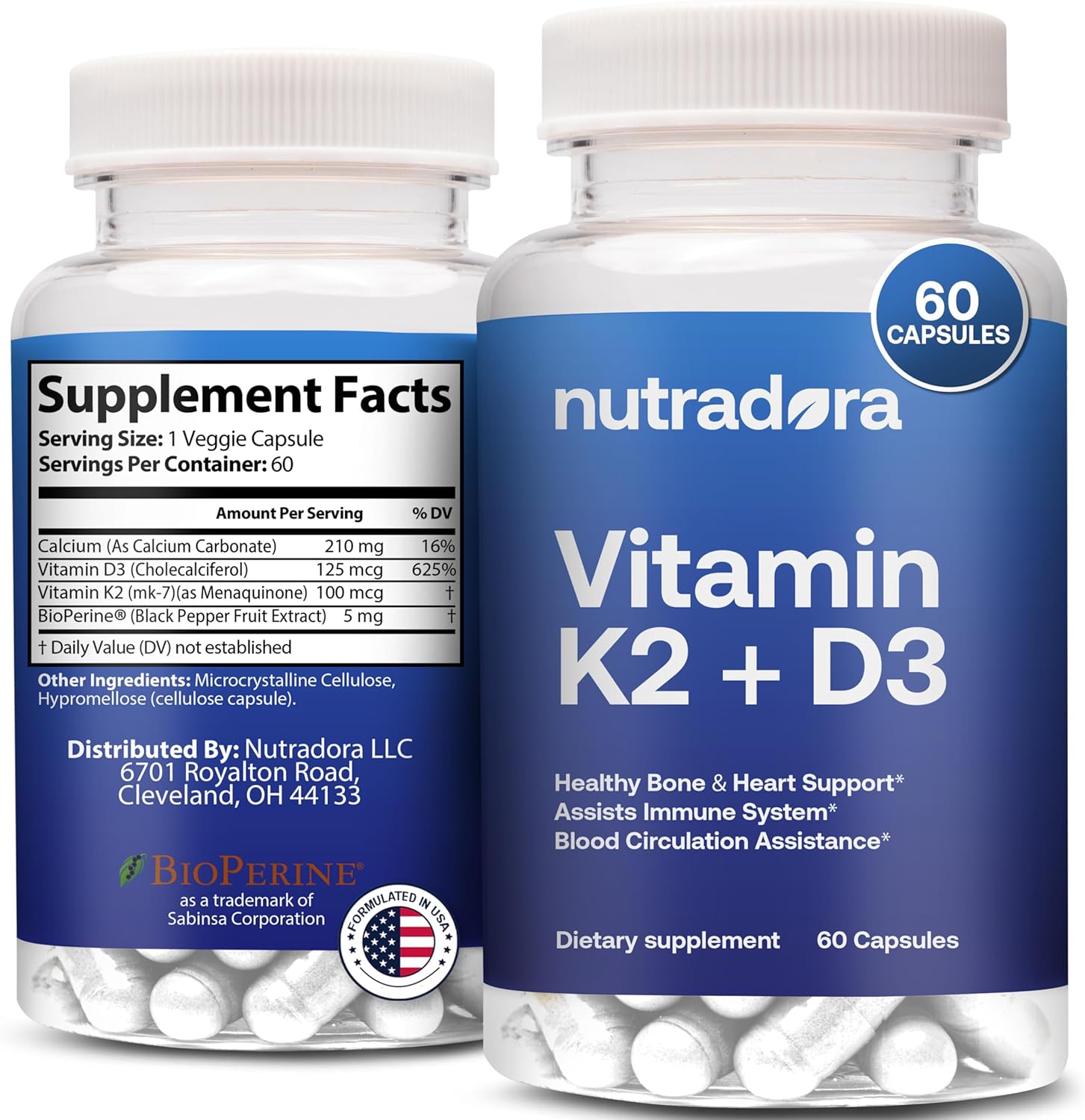 Vitamin D3 K2 Capsules for Men and Women - Heart and Bone Support Supplement - 60 Veggie Capsules from Nutradora
