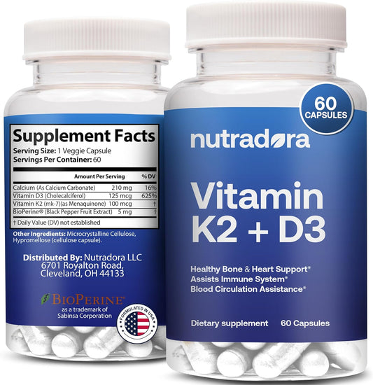 Vitamin D3 K2 Capsules for Men and Women - Heart and Bone Support Supplement - 60 Veggie Capsules from Nutradora