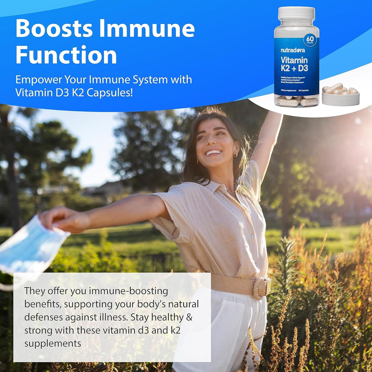 Vitamin D3 K2 Capsules for Men and Women - Heart and Bone Support Supplement - 60 Veggie Capsules from Nutradora