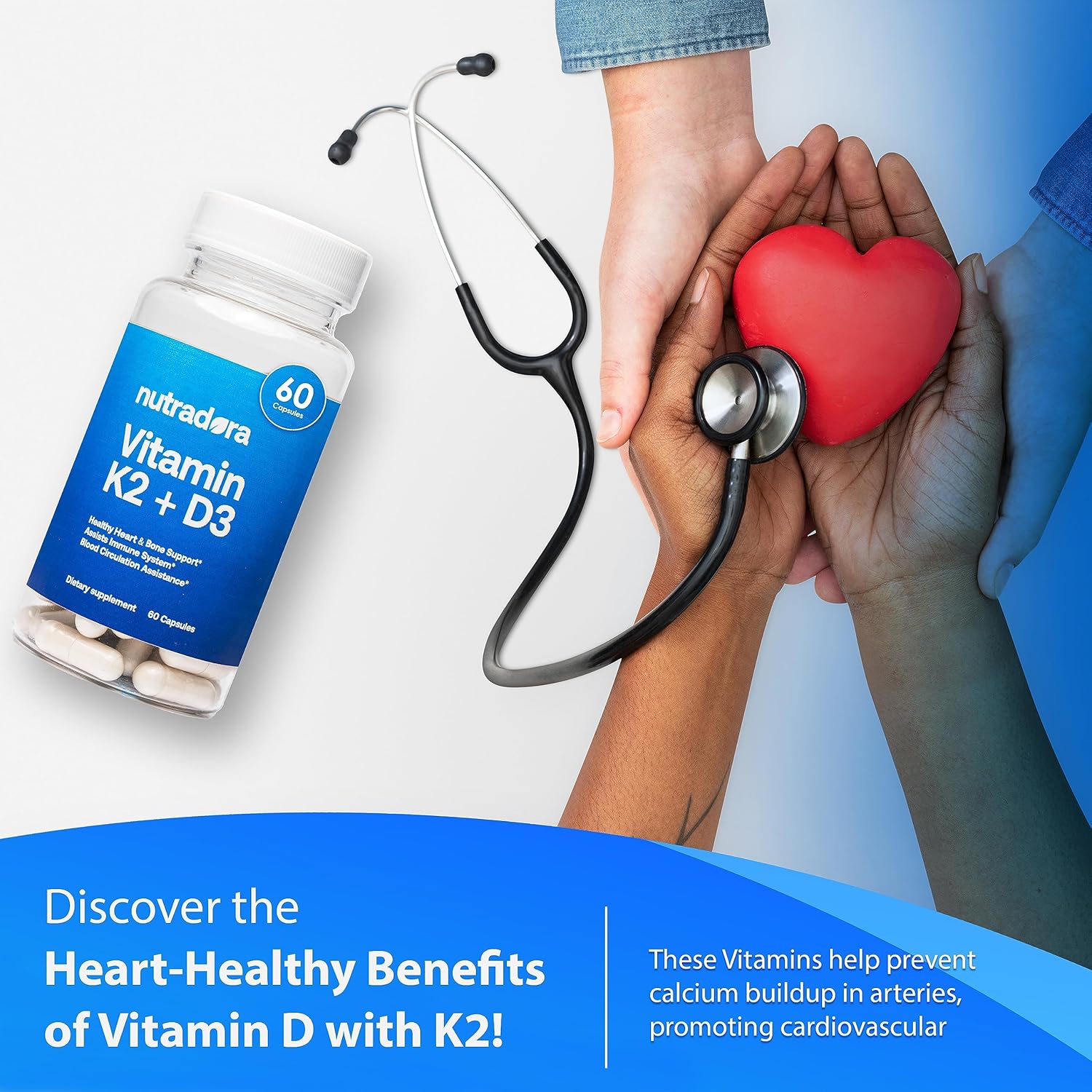 Vitamin D3 K2 Capsules for Men and Women - Heart and Bone Support Supplement - 60 Veggie Capsules from Nutradora