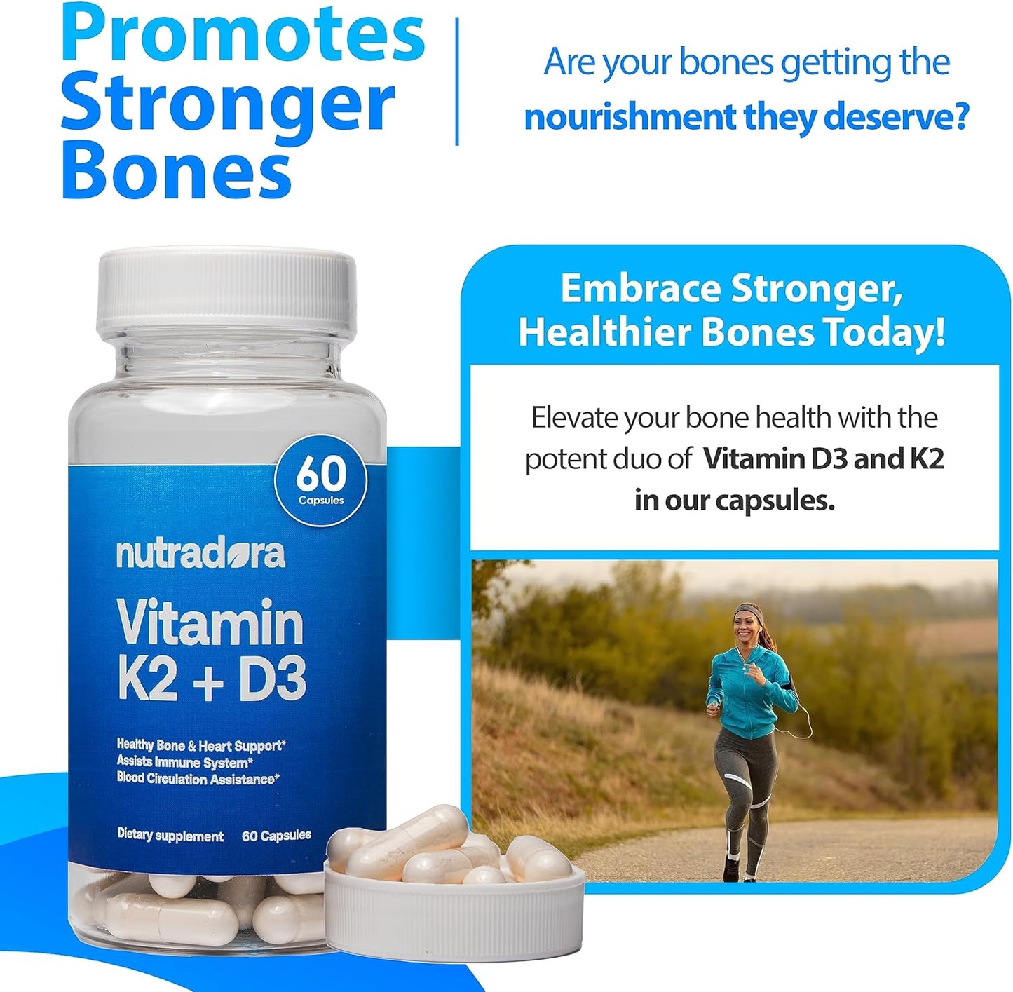 Vitamin D3 K2 Capsules for Men and Women - Heart and Bone Support Supplement - 60 Veggie Capsules from Nutradora