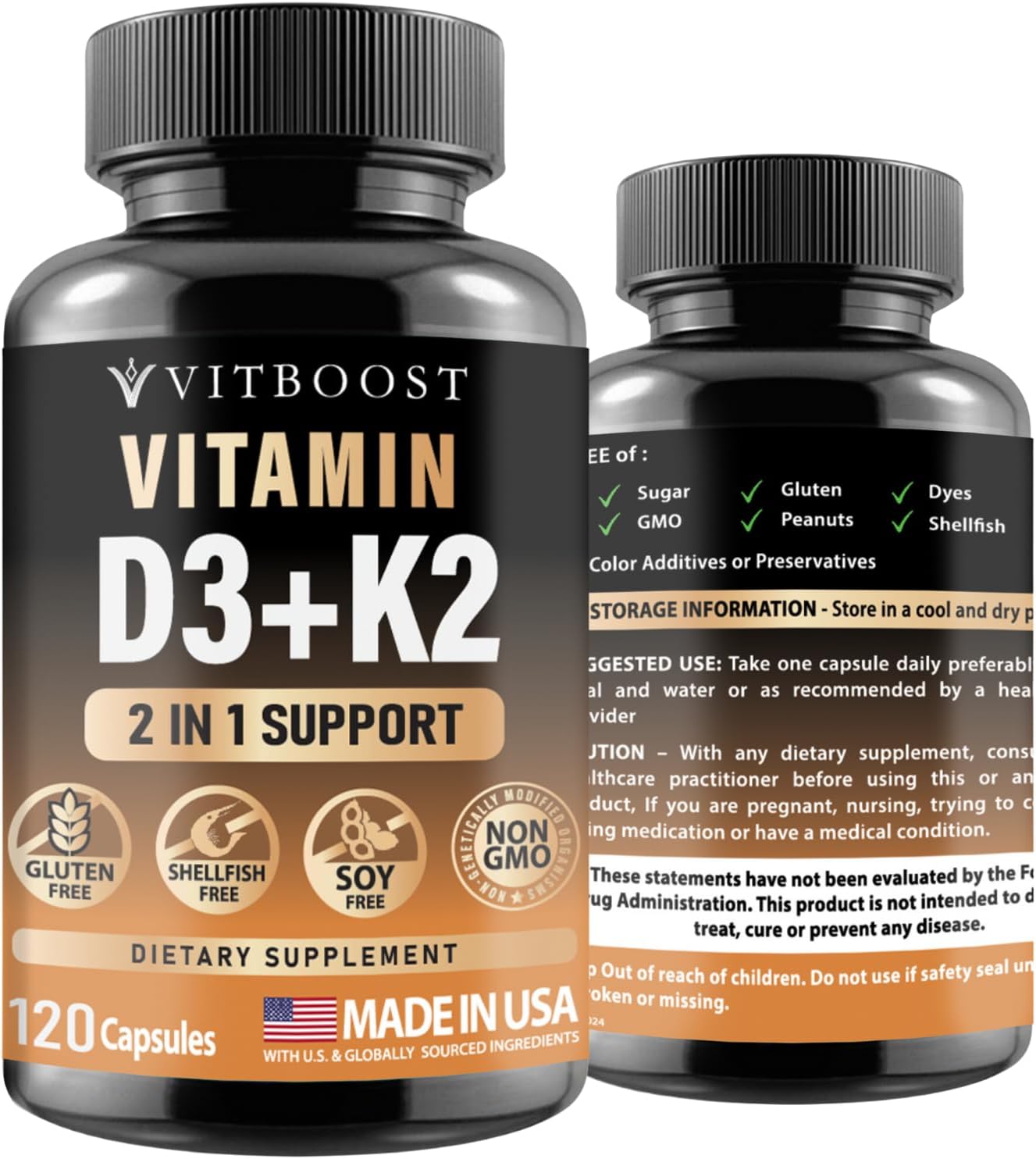 Vitamin D3 K2 Complex 5000 IU - Easy Swallow Capsules - Non-GMO & Gluten-Free - USA Made - 120 Count