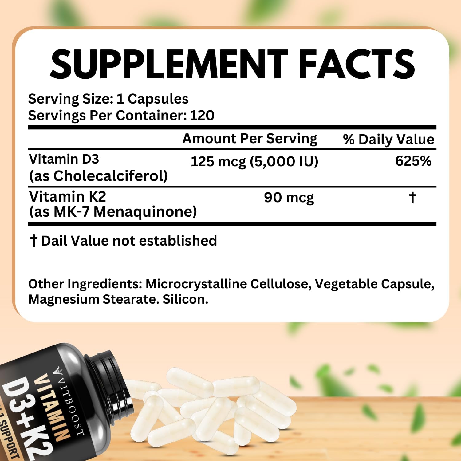 Vitamin D3 K2 Complex 5000 IU - Easy Swallow Capsules - Non-GMO & Gluten-Free - USA Made - 120 Count