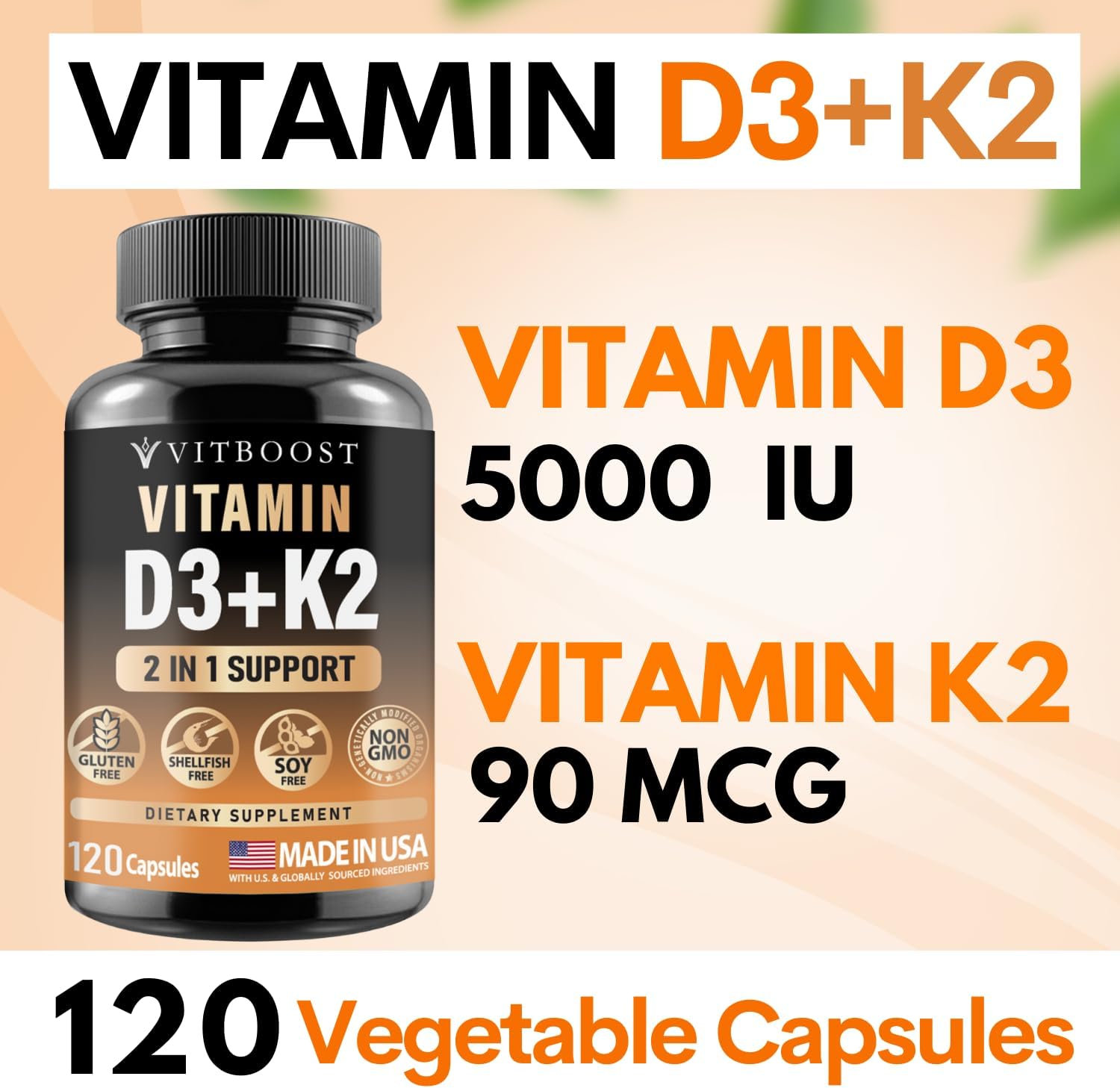 Vitamin D3 K2 Complex 5000 IU - Easy Swallow Capsules - Non-GMO & Gluten-Free - USA Made - 120 Count