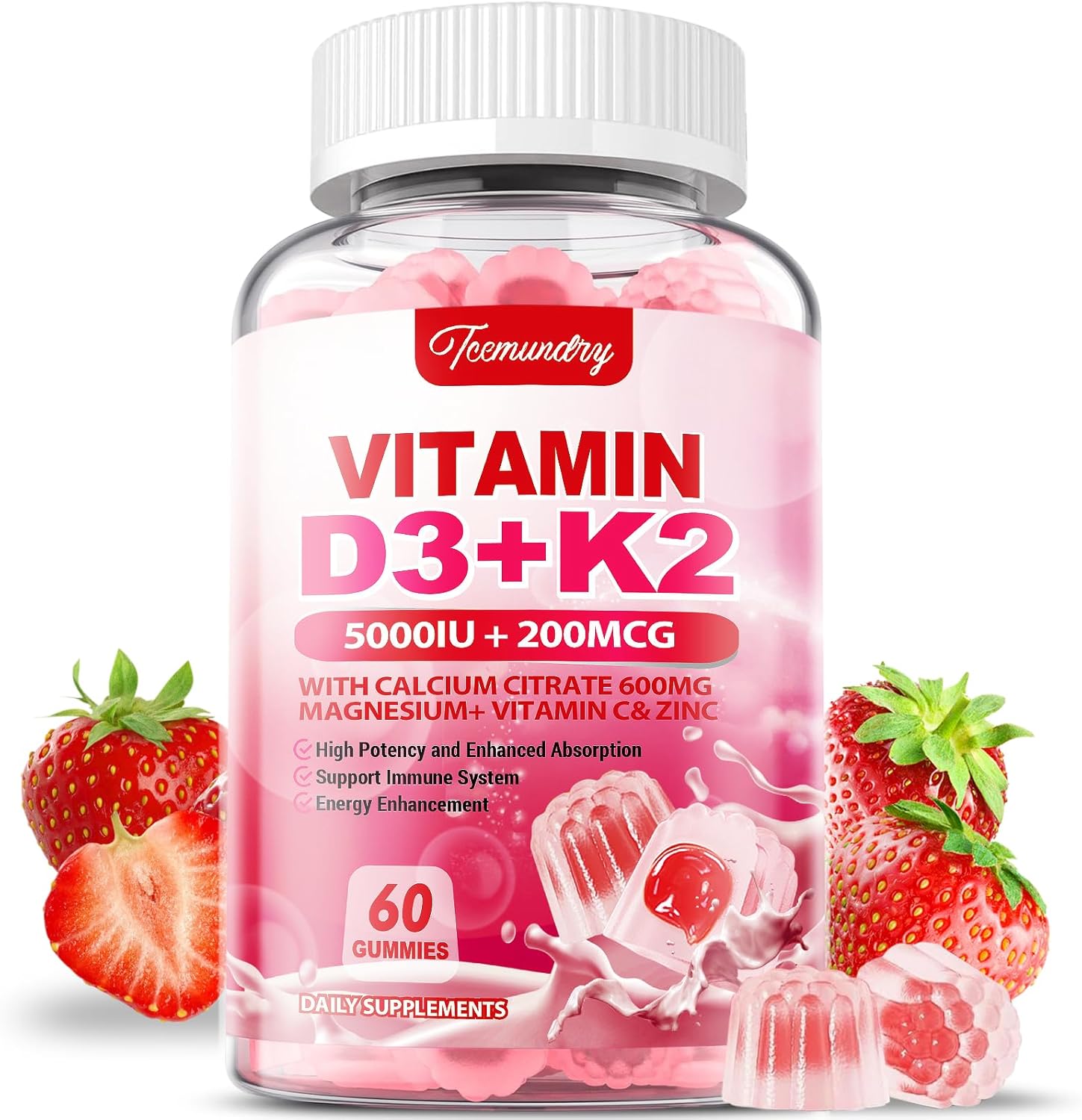 Vitamin D3 K2 Gummies for Adults - 5000 IU D3 + 200 mcg K2 - Calcium, Magnesium, Zinc, Vitamin C - Supports Bone, Muscle, Immune Health for Men and Women