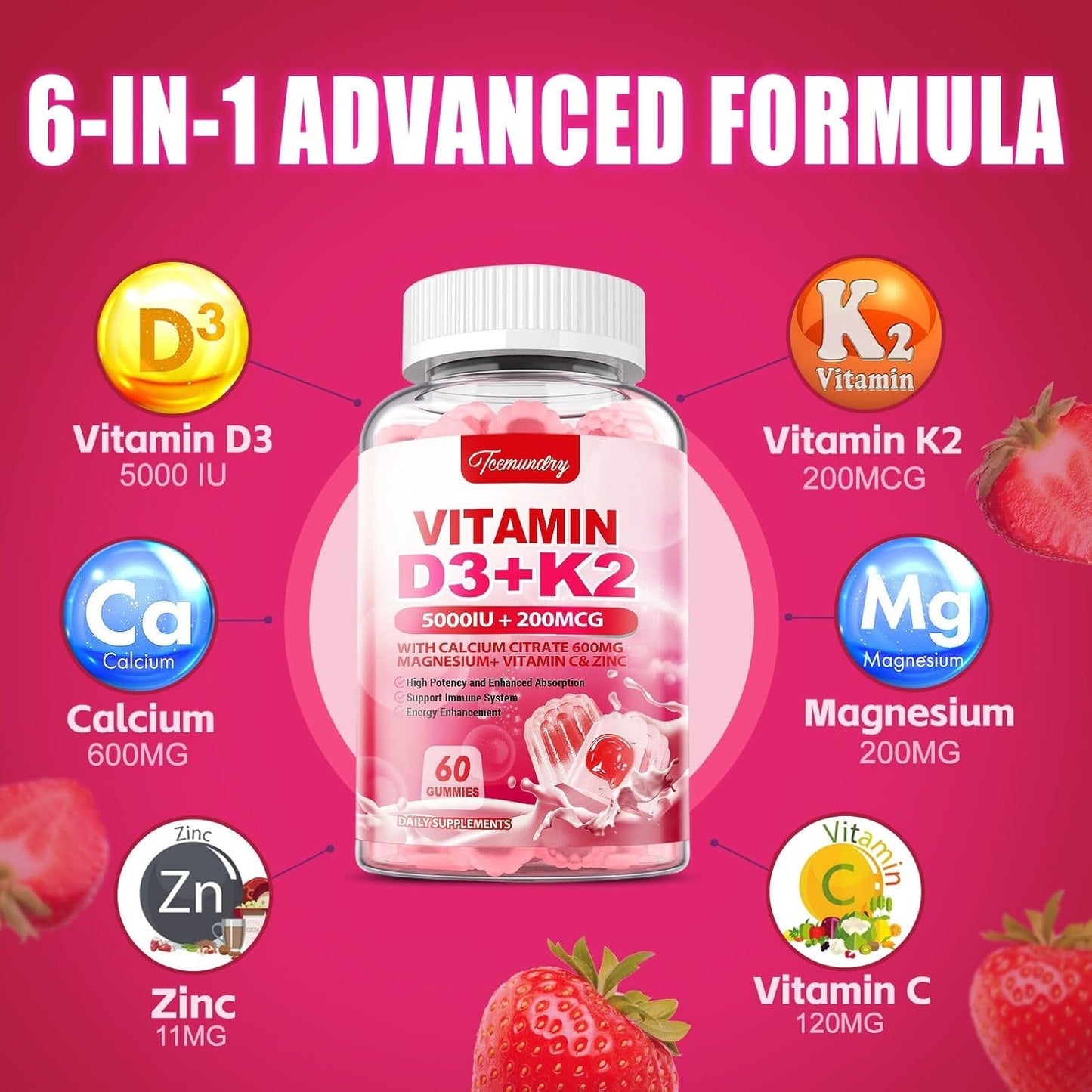 Vitamin D3 K2 Gummies for Adults - 5000 IU D3 + 200 mcg K2 - Calcium, Magnesium, Zinc, Vitamin C - Supports Bone, Muscle, Immune Health for Men and Women