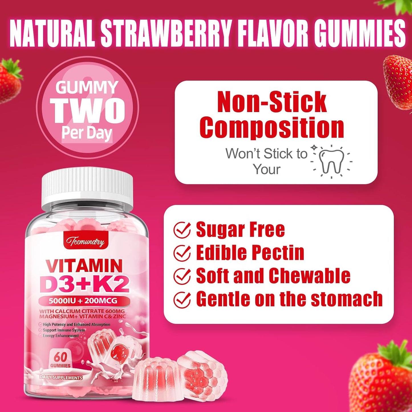 Vitamin D3 K2 Gummies for Adults - 5000 IU D3 + 200 mcg K2 - Calcium, Magnesium, Zinc, Vitamin C - Supports Bone, Muscle, Immune Health for Men and Women