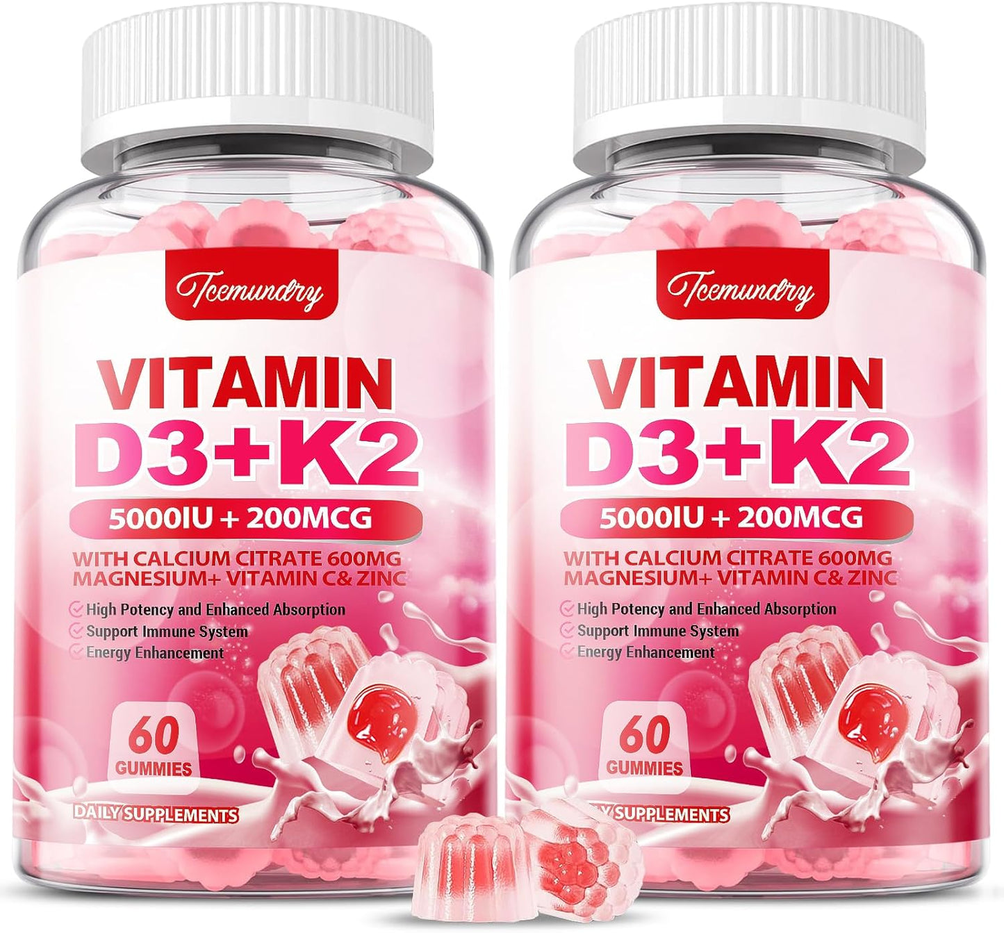 Vitamin D3 K2 Gummies for Adults with Calcium, Magnesium, Zinc, and Vitamin C - Supports Bone, Muscle, and Immune Health - 120 Count
