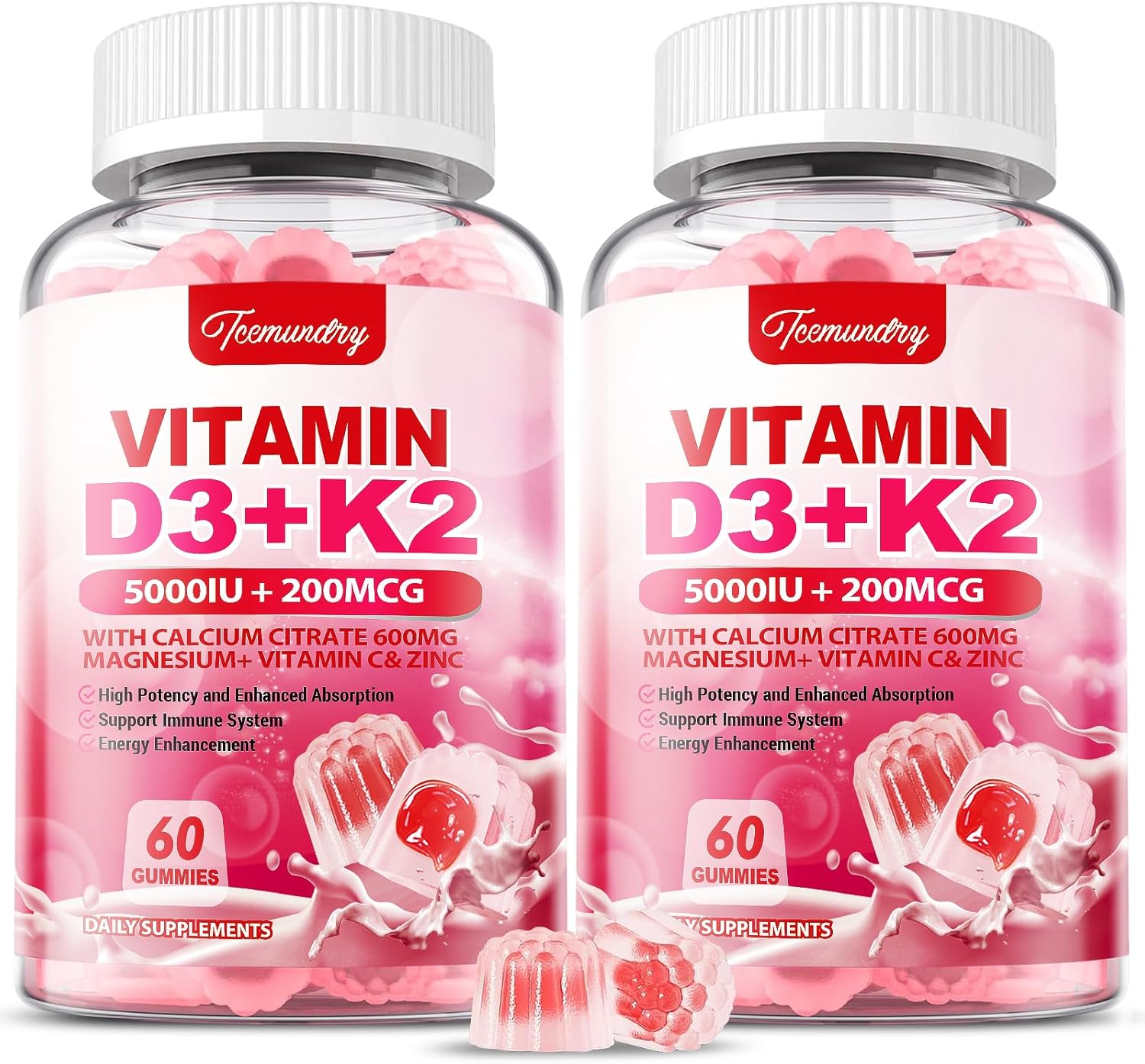 Vitamin D3 K2 Gummies for Adults with Calcium, Magnesium, Zinc, and Vitamin C - Supports Bone, Muscle, and Immune Health - 120 Count