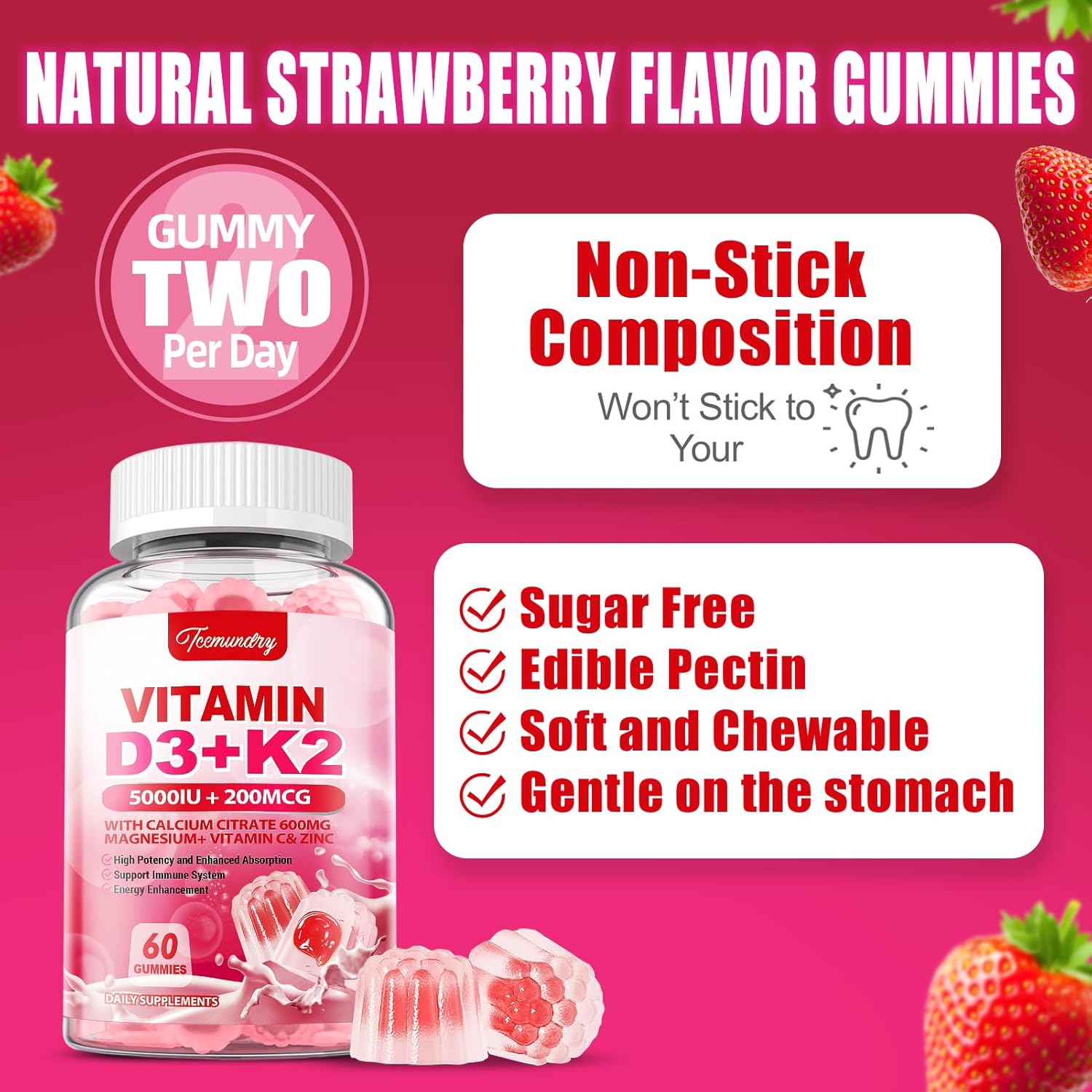 Vitamin D3 K2 Gummies for Adults with Calcium, Magnesium, Zinc, and Vitamin C - Supports Bone, Muscle, and Immune Health - 120 Count