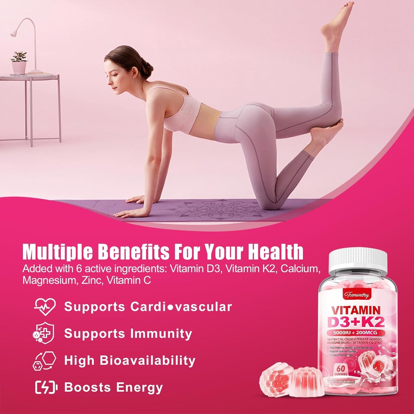 Vitamin D3 K2 Gummies for Adults with Calcium, Magnesium, Zinc, and Vitamin C - Supports Bone, Muscle, and Immune Health - 120 Count