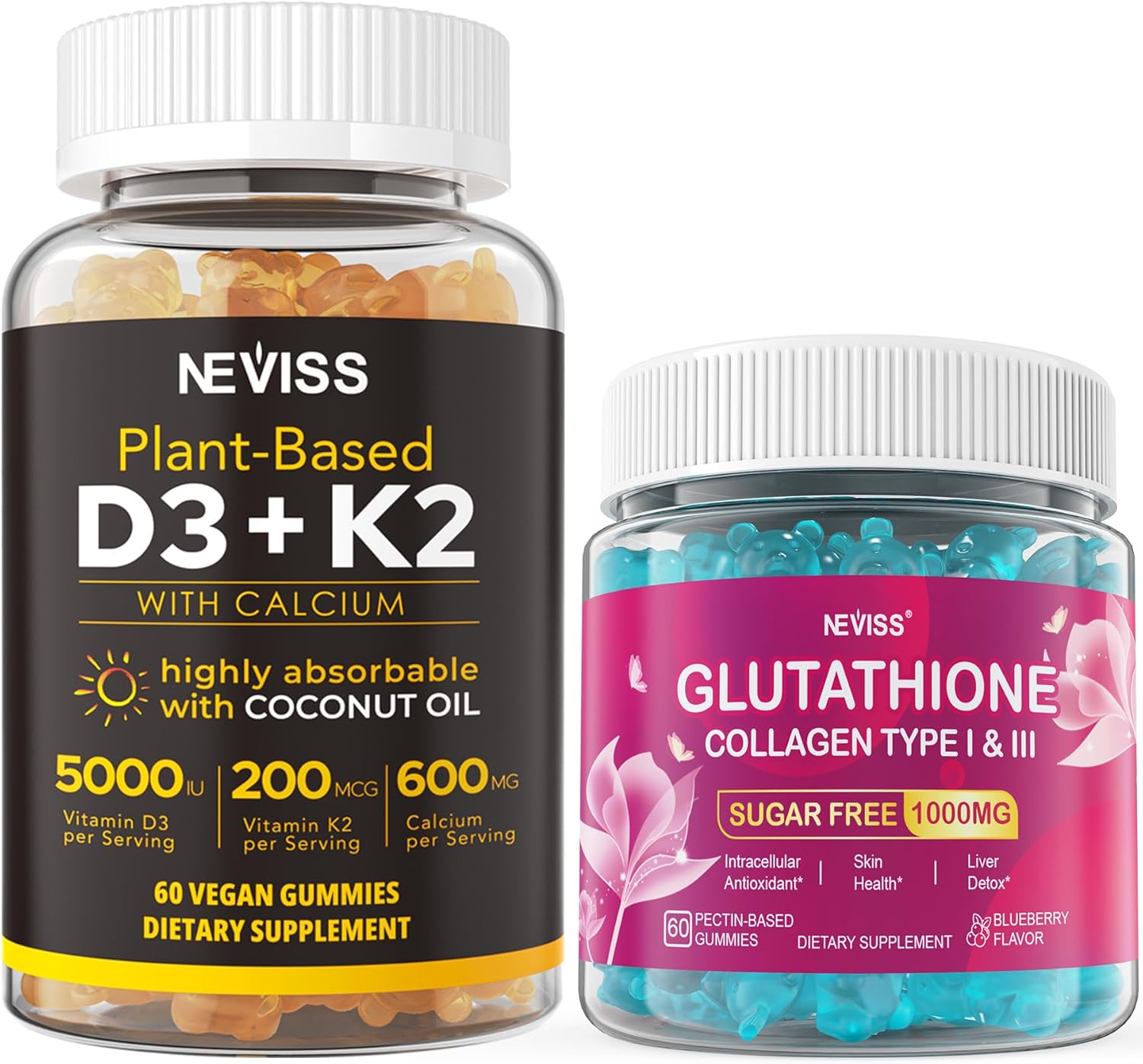 Vitamin D3 K2 Gummies with Glutathione 180 Count - Immune Support and Antioxidant Boost - NEVISS