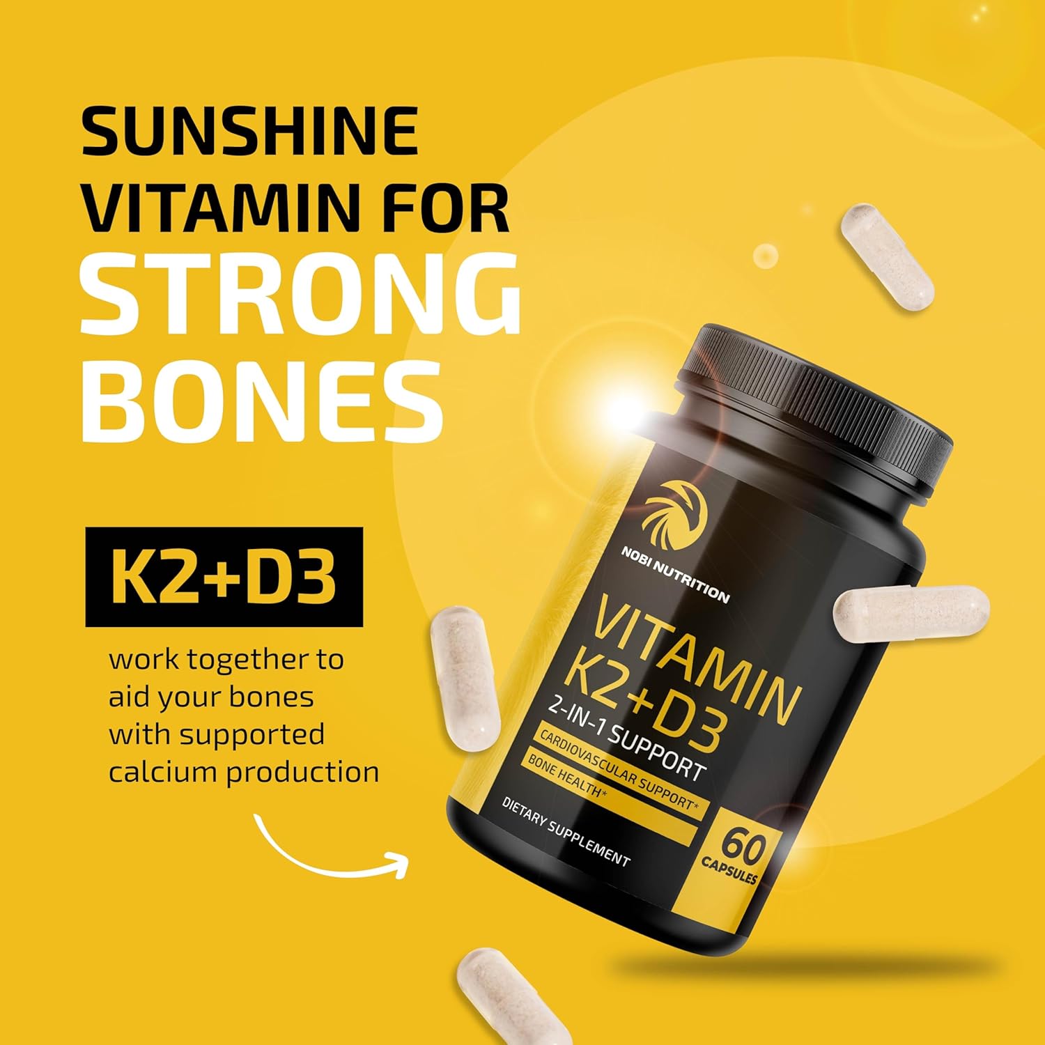 Vitamin D3 K2 Immune System Support Supplement 5000 IU | Strong Bones & Teeth | Vit D3 125mcg, Vitamin K2 MK7 100mcg, Calcium 210mg & BioPerine | Non-GMO | 60 Capsules