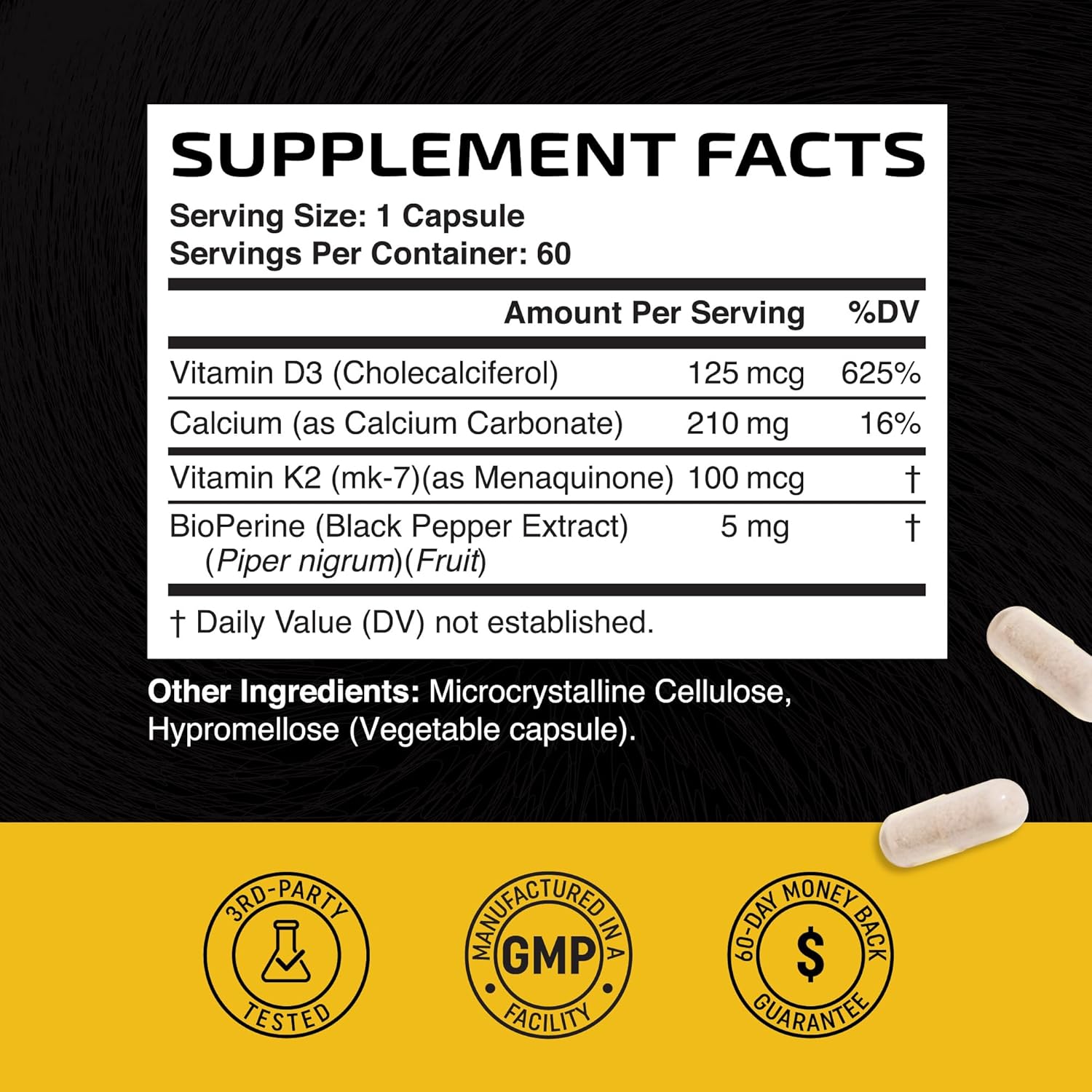 Vitamin D3 K2 Immune System Support Supplement 5000 IU | Strong Bones & Teeth | Vit D3 125mcg, Vitamin K2 MK7 100mcg, Calcium 210mg & BioPerine | Non-GMO | 60 Capsules