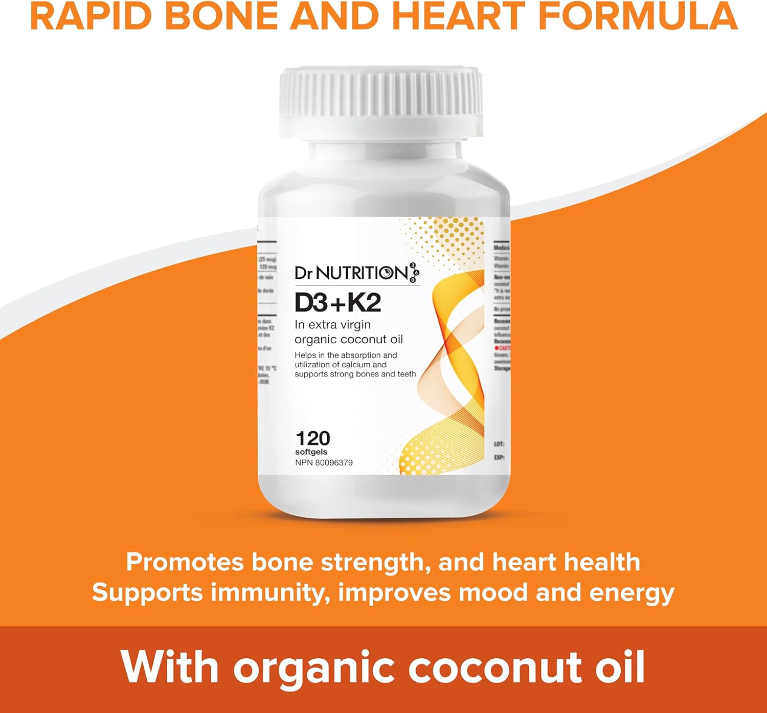 Vitamin D3 + K2 in Organic Coconut Oil Softgels for Bone, Heart Health - 120ct