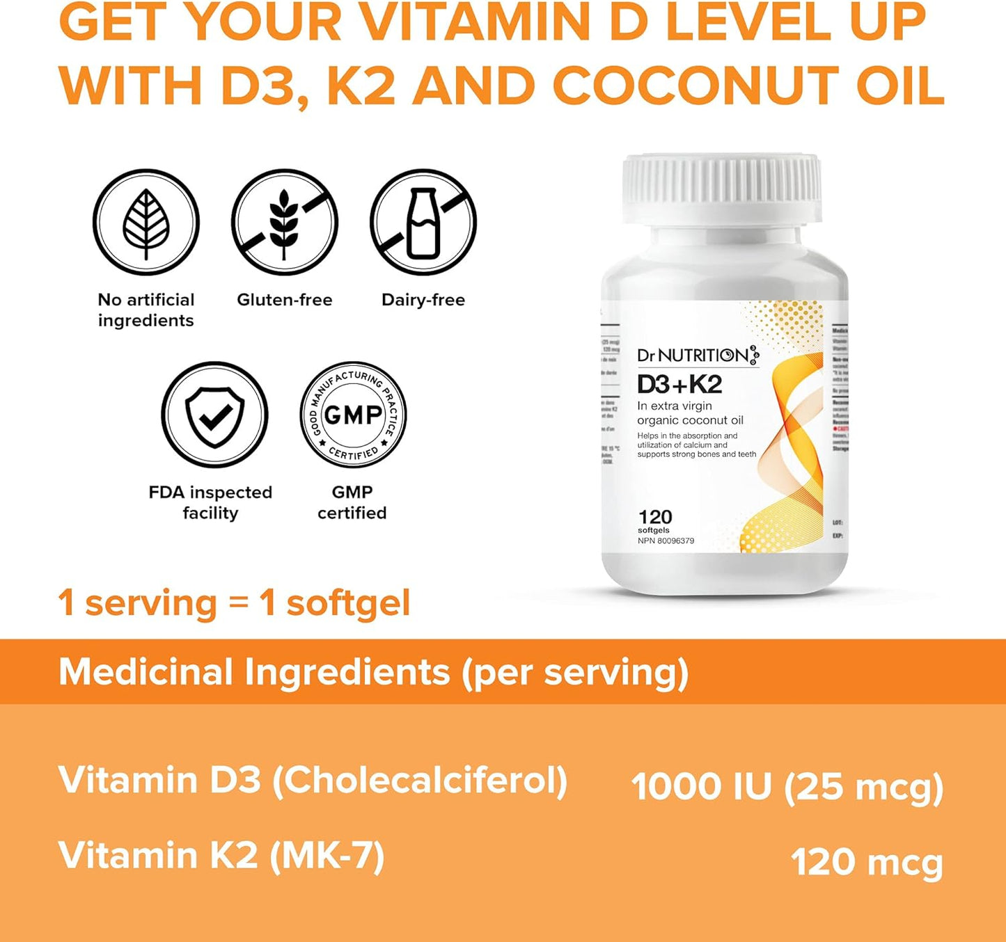 Vitamin D3 + K2 in Organic Coconut Oil Softgels for Bone, Heart Health - 120ct