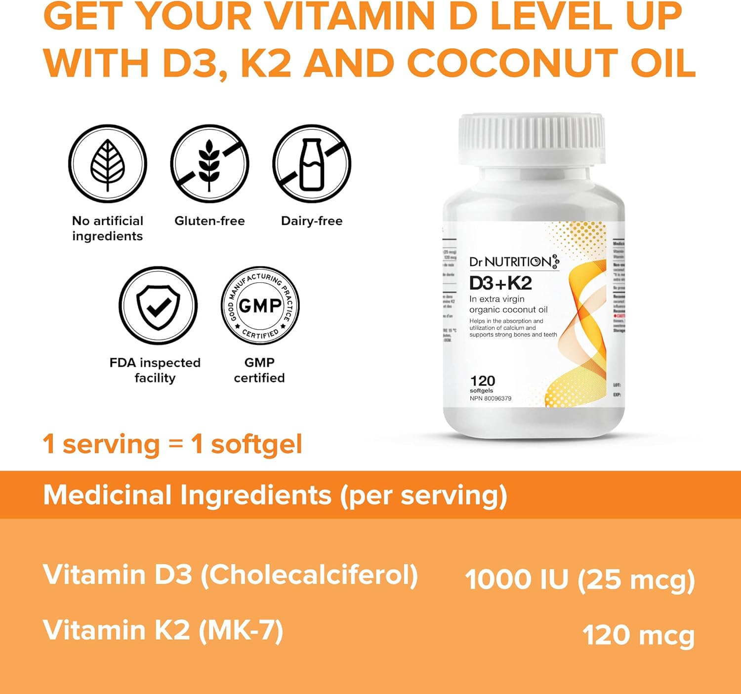 Vitamin D3 + K2 in Organic Coconut Oil Softgels for Bone, Heart Health - 120ct