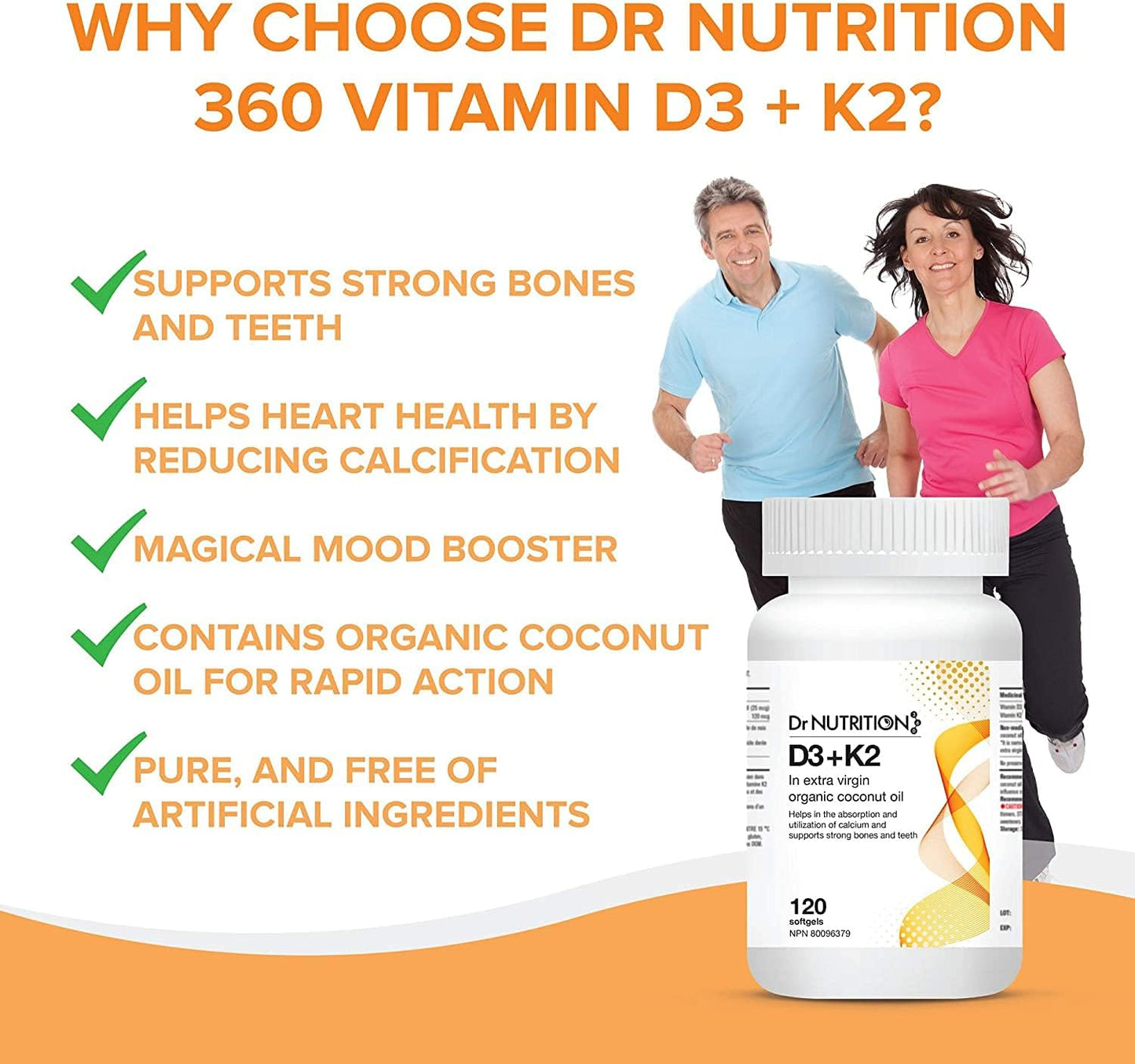 Vitamin D3 + K2 in Organic Coconut Oil Softgels for Bone, Heart Health - 120ct