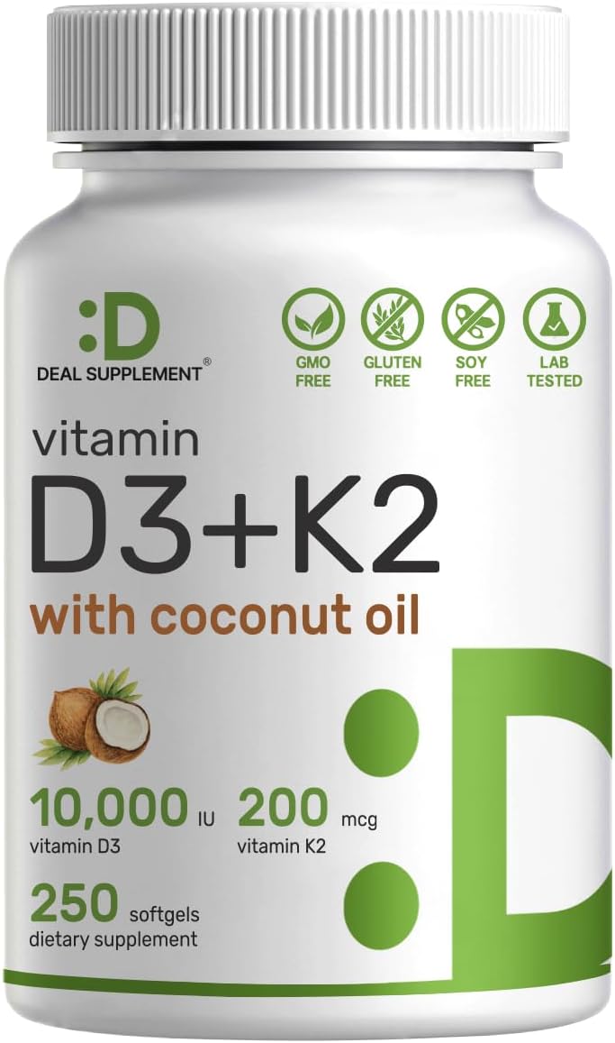 Vitamin D3 + K2 MK7 Softgels with Coconut Oil - 10,000 IU + 200 mcg, Heart & Bone Health Support, 250 Count