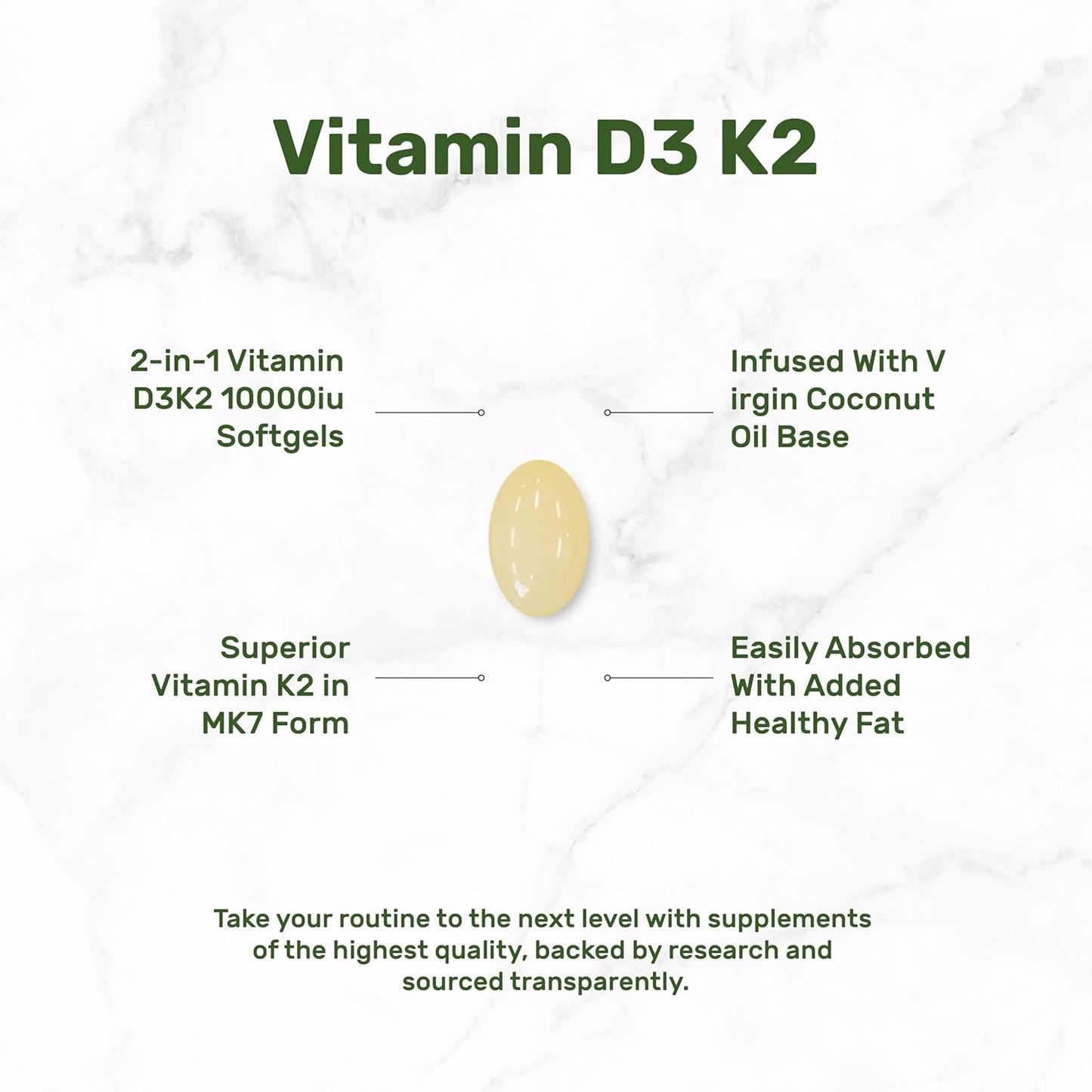 Vitamin D3 + K2 MK7 Softgels with Coconut Oil - 10,000 IU + 200 mcg, Heart & Bone Health Support, 250 Count