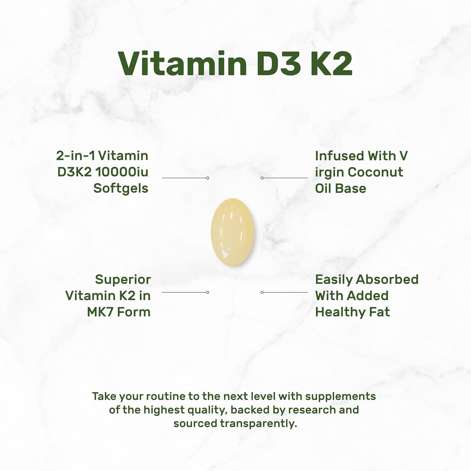Vitamin D3 + K2 MK7 Softgels with Coconut Oil - 10,000 IU + 200 mcg, Heart & Bone Health Support, 250 Count
