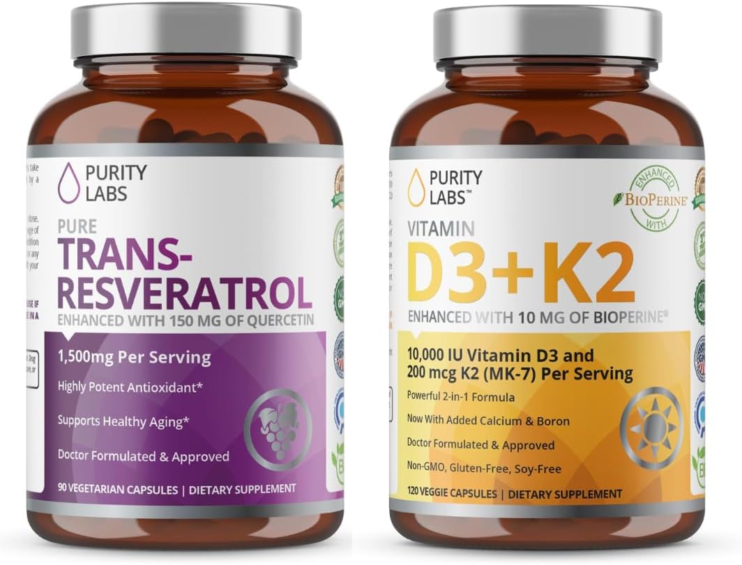 Vitamin D3 K2 & Pure Trans-Resveratrol Supplement by Purity Labs - High-Quality Formula for Optimal Health
