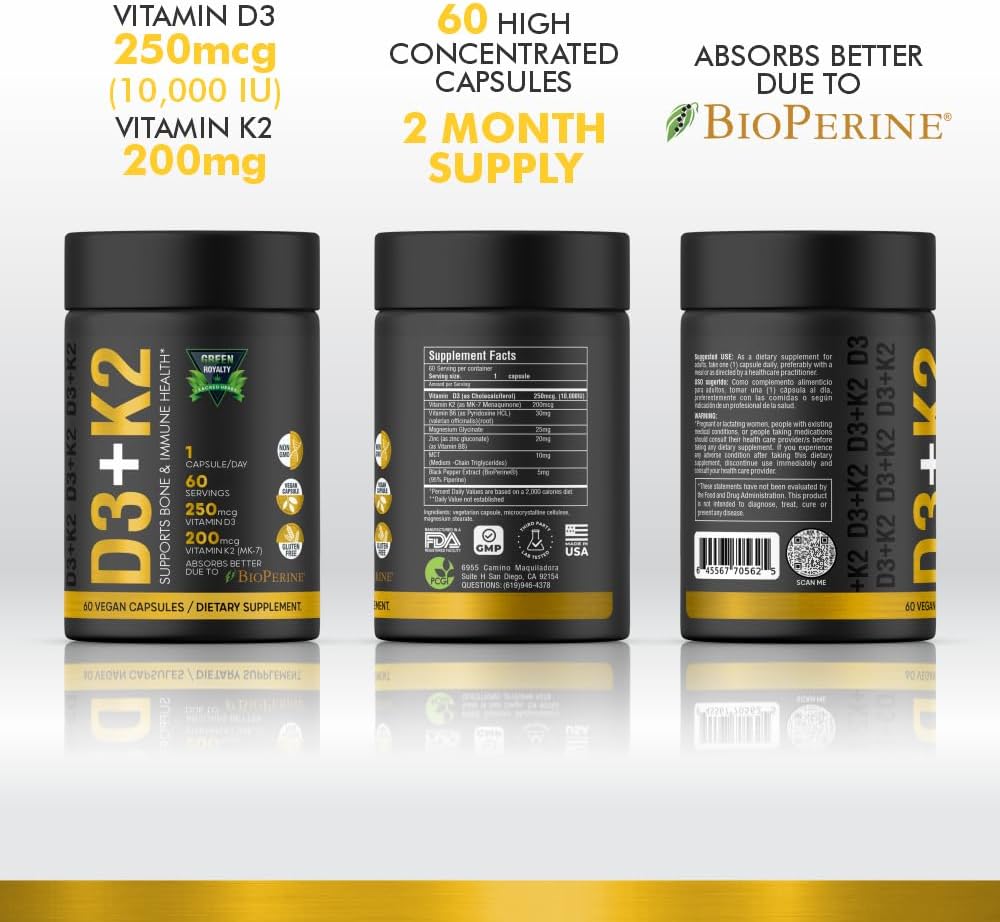 Vitamin D3 + K2 Soft-Gels with Coconut Oil | 2-in-1 Supplement for Immune, Heart, Joint, Teeth, Bone Health | 60 Capsules