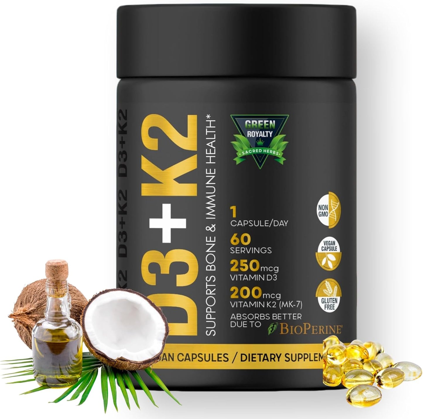 Vitamin D3 + K2 Soft-Gels with Coconut Oil | 2-in-1 Supplement for Immune, Heart, Joint, Teeth, Bone Health | 60 Capsules