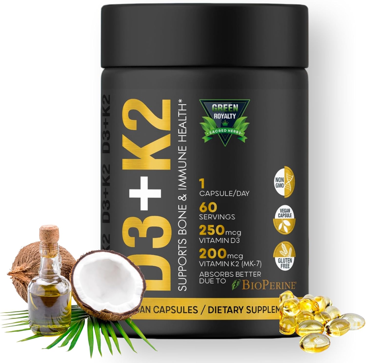 Vitamin D3 + K2 Soft-Gels with Coconut Oil | 2-in-1 Supplement for Immune, Heart, Joint, Teeth, Bone Health | 60 Capsules