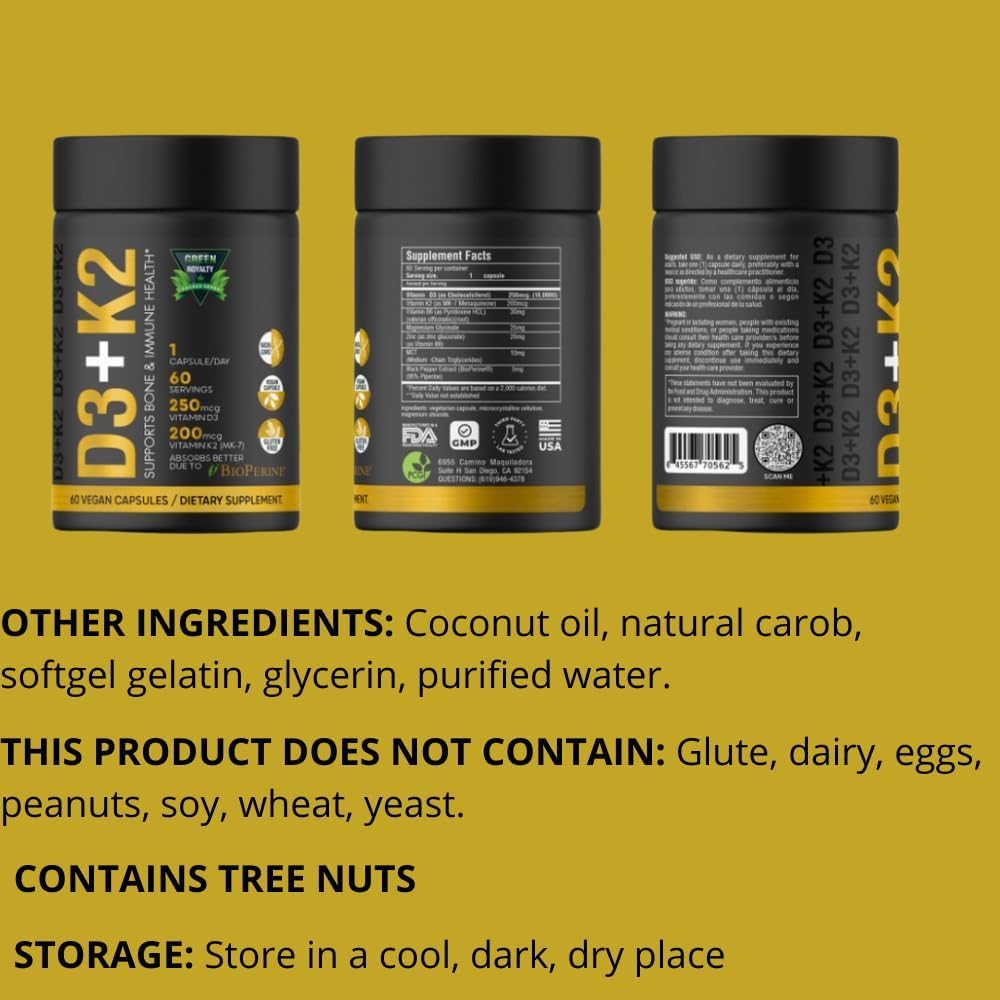 Vitamin D3 + K2 Soft-Gels with Coconut Oil | 2-in-1 Supplement for Immune, Heart, Joint, Teeth, Bone Health | 60 Capsules