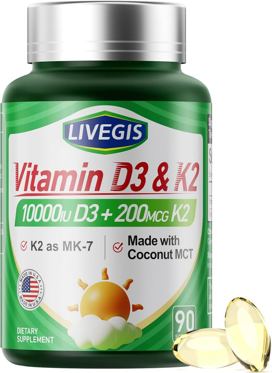 Vitamin D3 K2 Softgels with Coconut Oil - 10000 IU D3 and 200 mcg K2 (MK-7) - Easy to Swallow 2 in 1 Supplement for Calcium Absorption, Immune, and Heart Health - 90 Count
