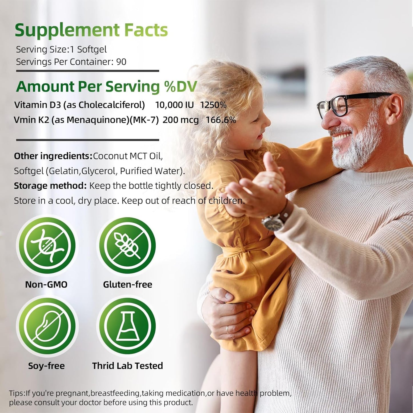 Vitamin D3 K2 Softgels with Coconut Oil - 10000 IU D3 and 200 mcg K2 (MK-7) - Easy to Swallow 2 in 1 Supplement for Calcium Absorption, Immune, and Heart Health - 90 Count