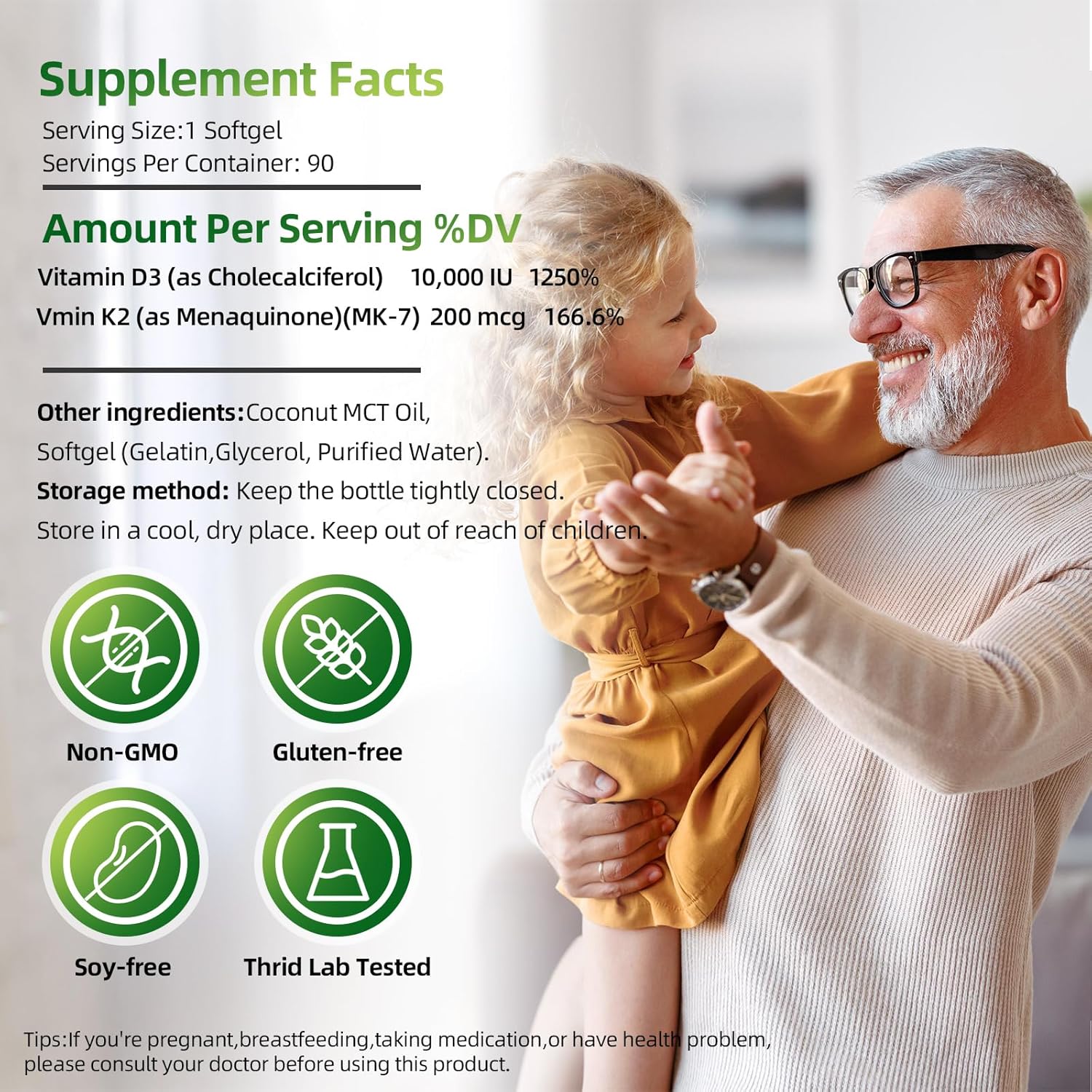 Vitamin D3 K2 Softgels with Coconut Oil - 10000 IU D3 and 200 mcg K2 (MK-7) - Easy to Swallow 2 in 1 Supplement for Calcium Absorption, Immune, and Heart Health - 90 Count