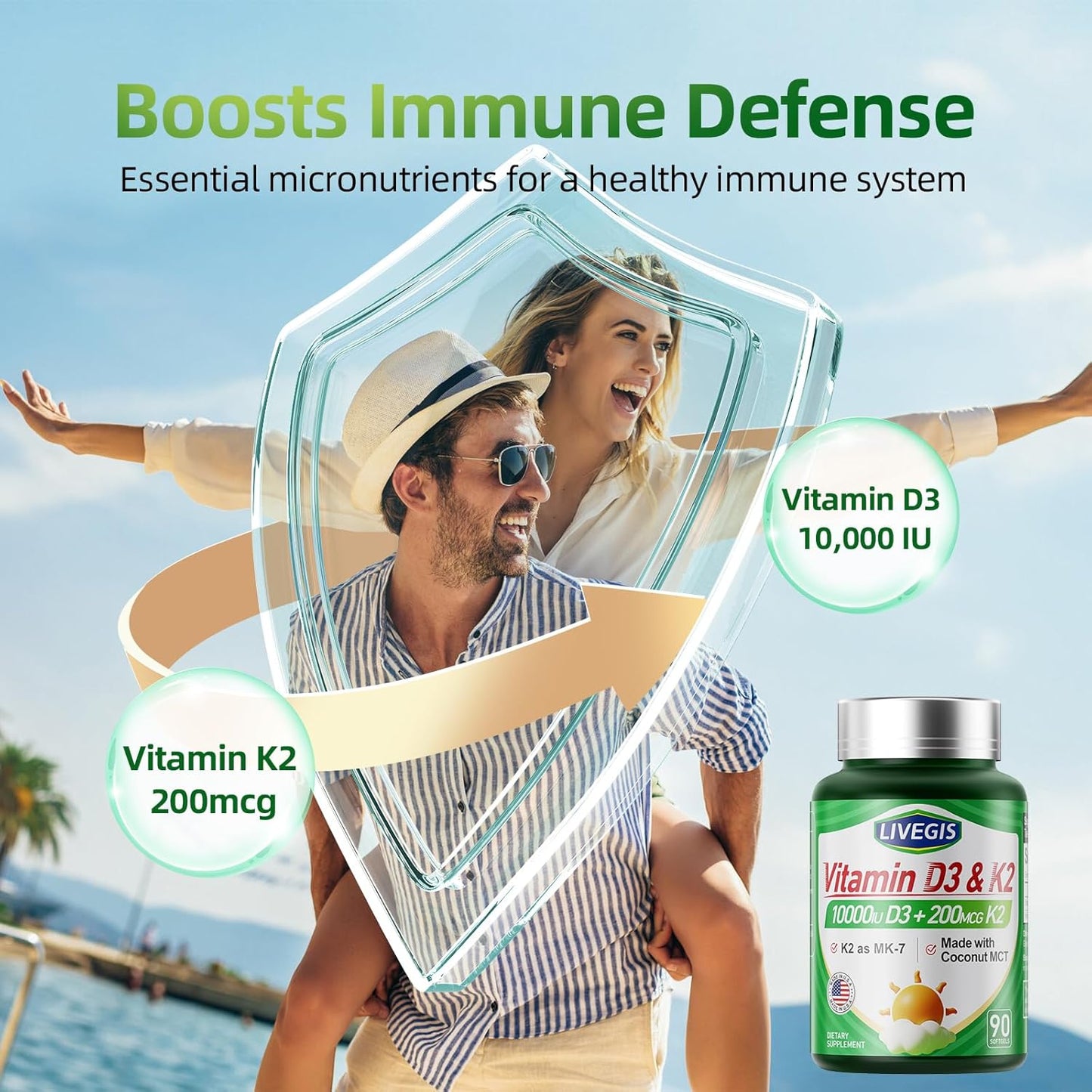 Vitamin D3 K2 Softgels with Coconut Oil - 10000 IU D3 and 200 mcg K2 (MK-7) - Easy to Swallow 2 in 1 Supplement for Calcium Absorption, Immune, and Heart Health - 90 Count